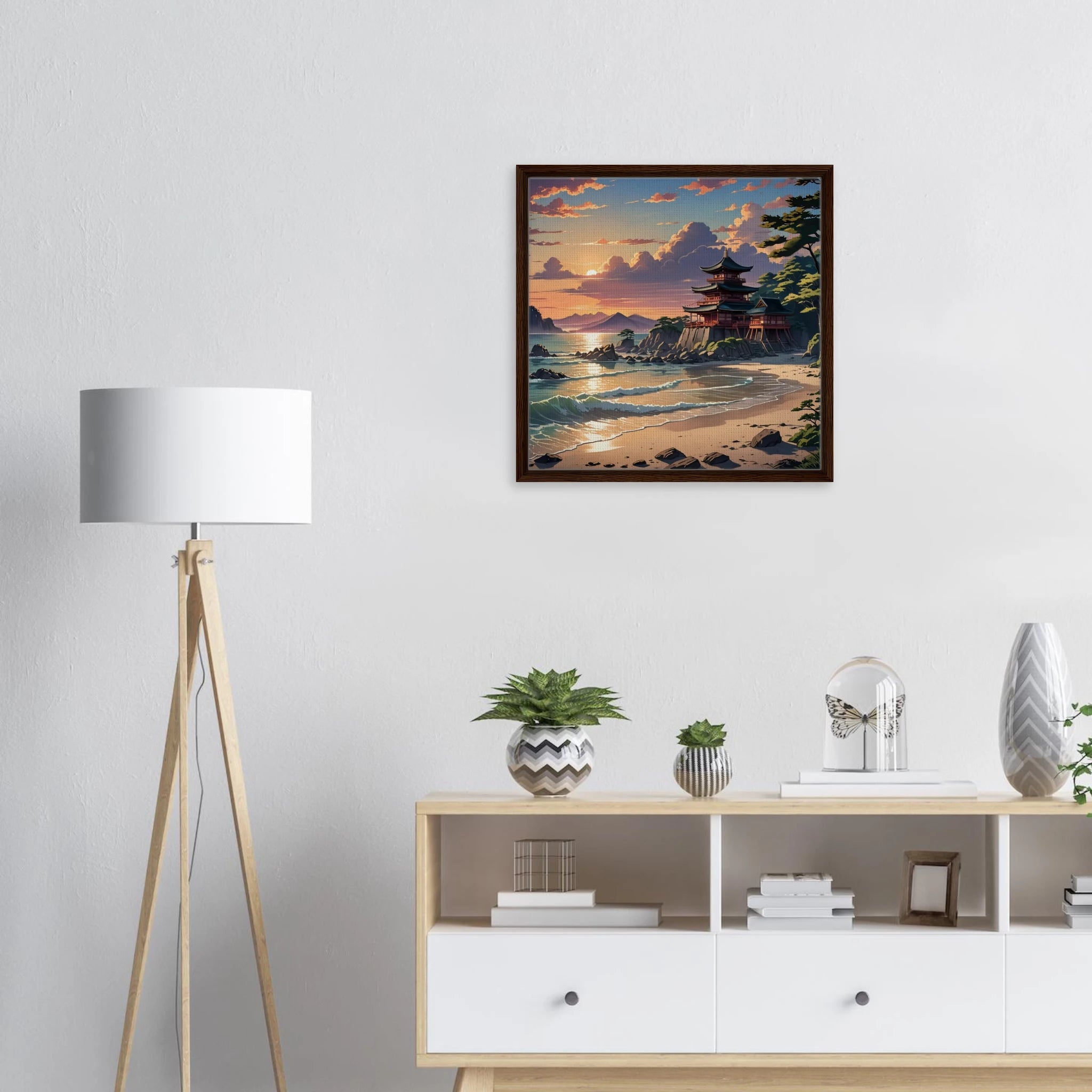 Close-up of the framed canvas’s textured brushstrokes and subtle color variations highlighting the artist’s detail work