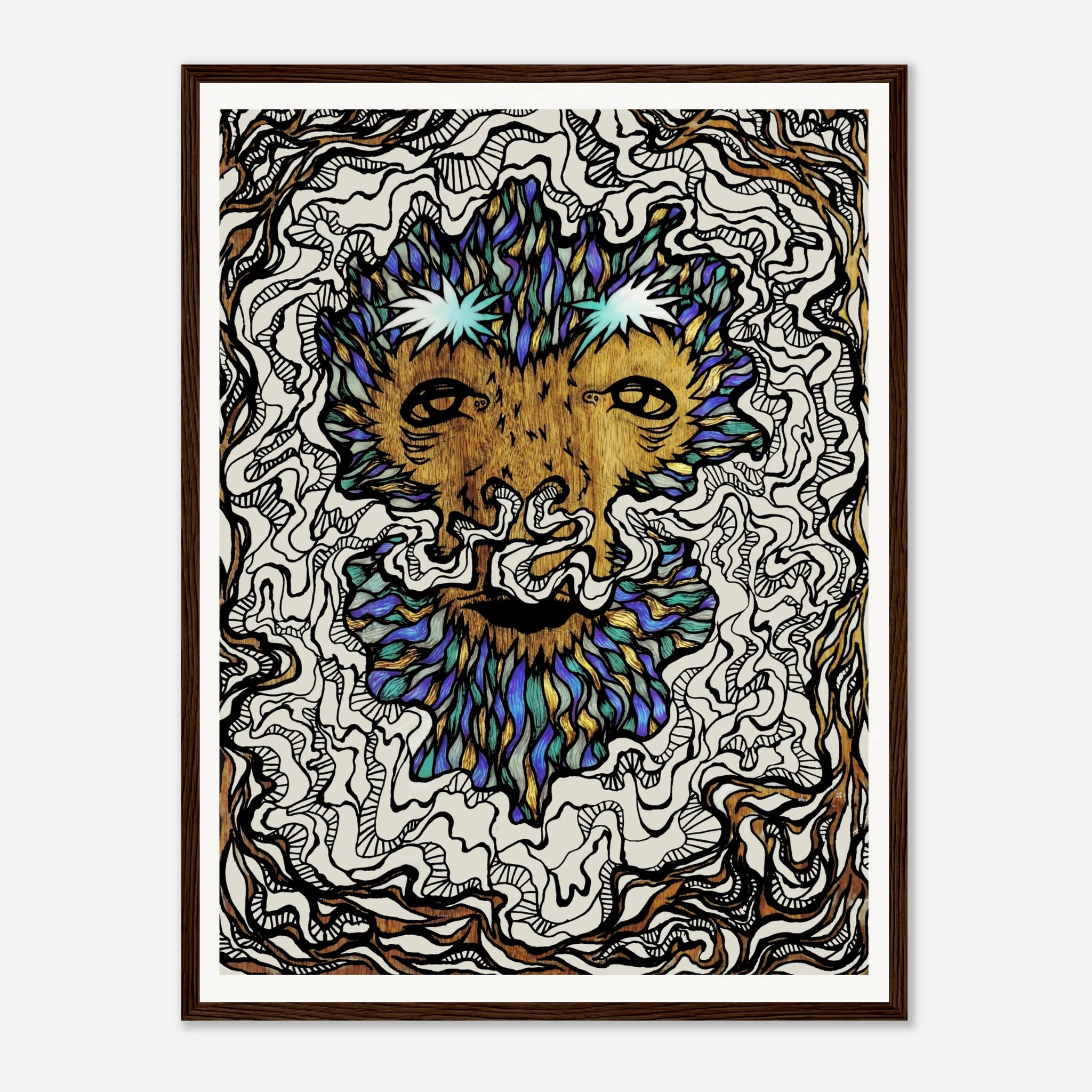 Close-up of the distressed wood grain framing showcasing the detailed oak finish and rich texture of the Winter Beast poster.