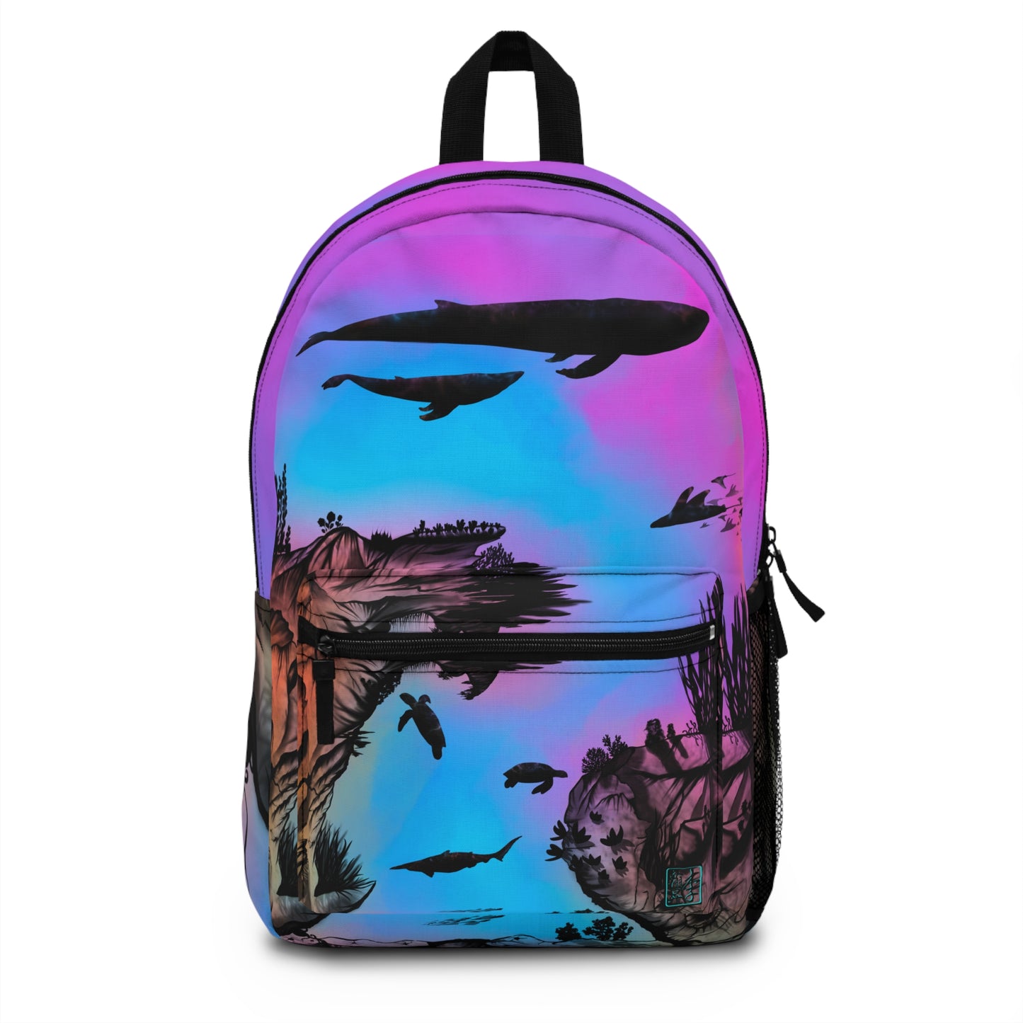 This is the all around print Into the Abyss Backpack by Lee Hansheng Studios. The illustration is underwater seascape with aquatic plants on a marbled background. There are two blue whales, 1 goblin shark, school of eagle rays, two sea turtles and a school of fish. On the bottom right corner where the front patch of the backpack there is the studio logo printed in black outlined in blue. The colors are pink, purple, blue and red/orange. It is against a white background.