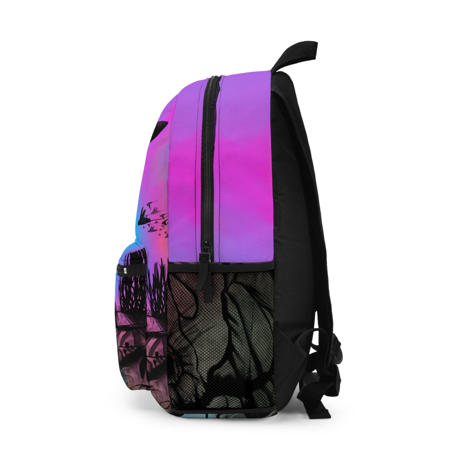 This is the all around print Into the Abyss Backpack by Lee Hansheng Studios. This shows the right side of the backpack where the large zipper connects to the back and shoulder straps. One see through pouch below the zipper. The illustration is underwater seascape with aquatic plants on a marbled background. It shows the underwater land in black with purple and blue mixed colors.