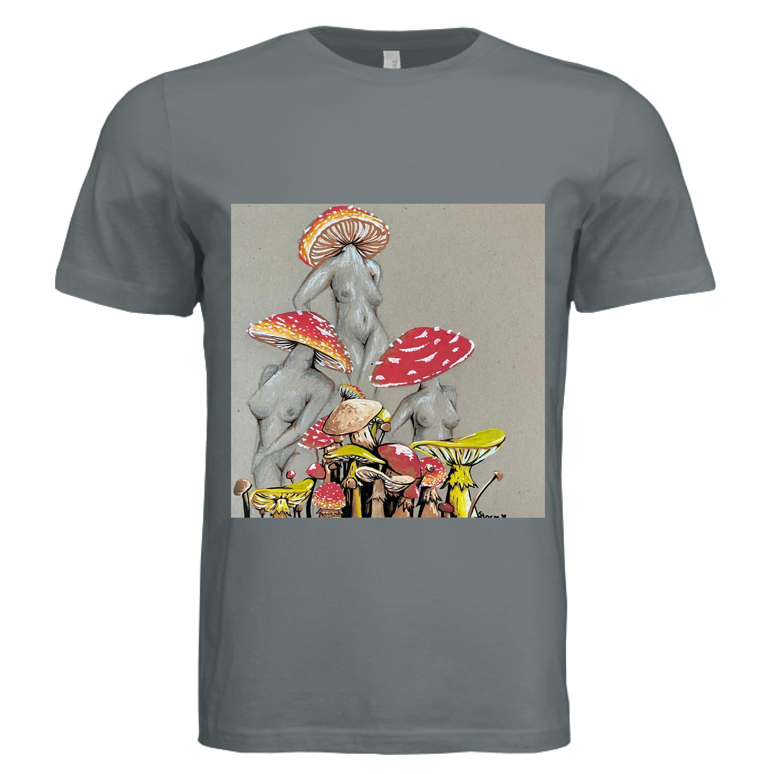 Close-up of the Miss Amanita T-shirt’s soft cotton fabric with a subtle heathered texture and relaxed fit neckline from a