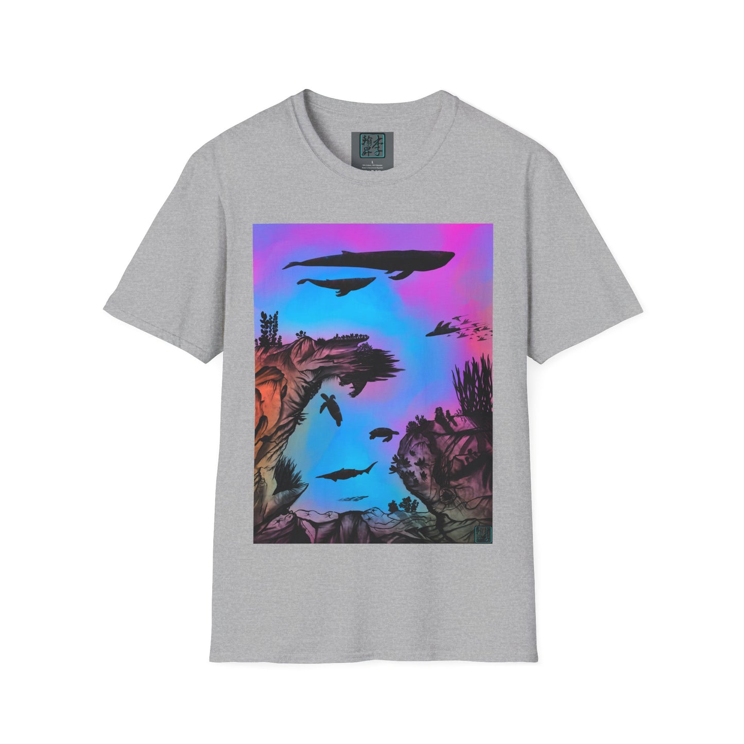 This is the Athletic Heather Into the Abyss V-Neck Tee by Lee Hansheng Studios. This shows the front of the shirt. The illustration is underwater seascape with aquatic plants on a marbled background. There are two blue whales, 1 goblin shark, school of eagle rays, two sea turtles and a school of fish. On the bottom right corner is the studio's logo printed in black outlined in blue. The inside of the shirt has a gray label with the studio logo and the size label underneath printed in white.