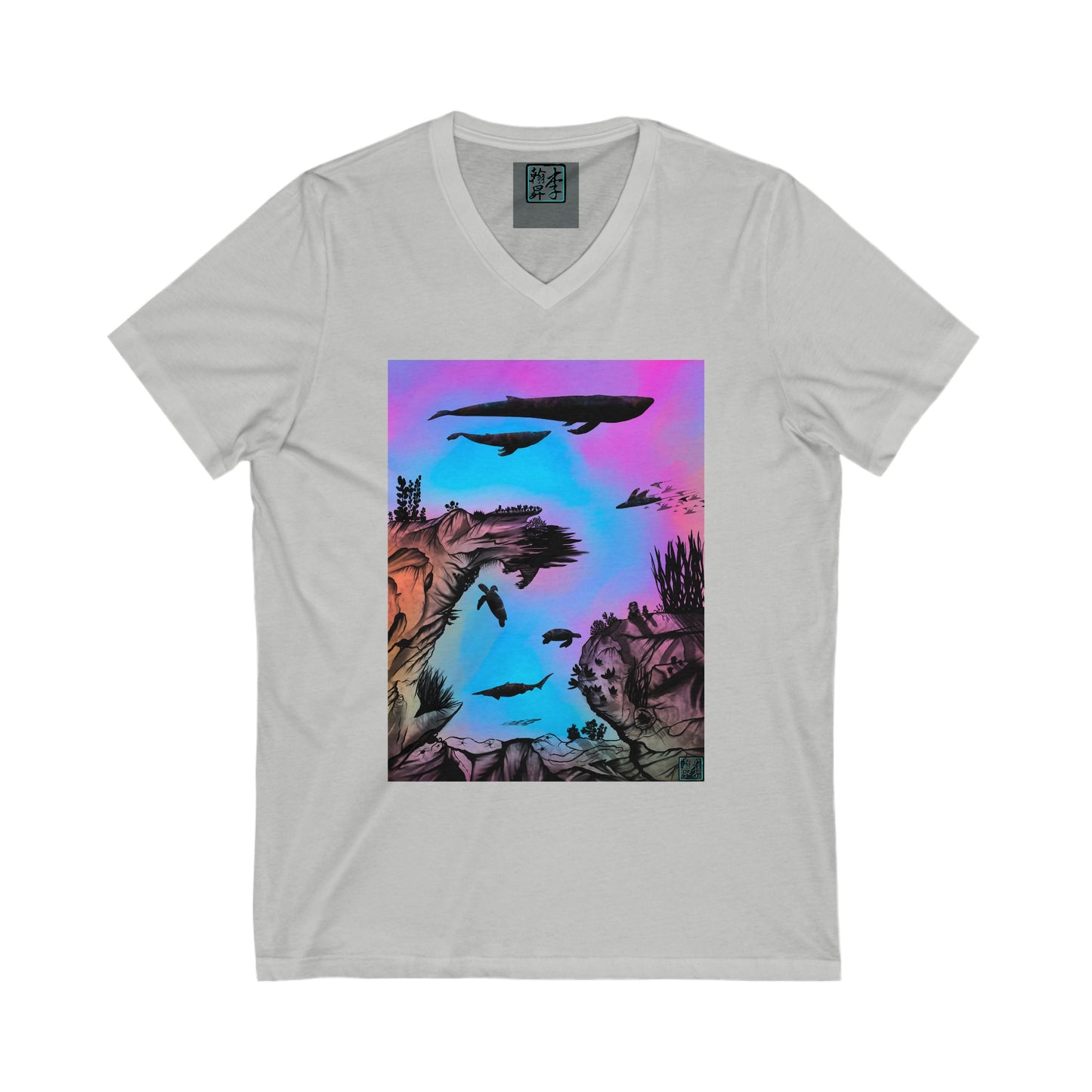 This is the Athletic Heather Into the Abyss V-Neck Tee by Lee Hansheng Studios. This shows the front of the shirt. The illustration is underwater seascape with aquatic plants on a marbled background. There are two blue whales, 1 goblin shark, school of eagle rays, two sea turtles and a school of fish. On the bottom right corner is the studio's logo printed in black outlined in blue. The inside of the shirt has a gray label with the studio logo and the size label underneath printed in white.