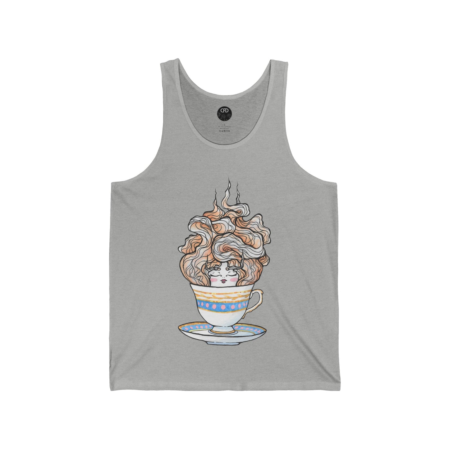 This is the Athletic Heather English Breakfast Tea Tank by Chris Foster Design. It comes in sizes XS-2XL. This is an image of the front with a circular CFD logo in white lettering and black background. The size label is below the logo in white. A teacup that is light blue, yellow and white with light pink, white and red steam that is going upwards. There is a lady's face in the middle and beginning of the teacup with her eyes closed, red lips, blushing pink cheeks. and eyebrows that go upward.
