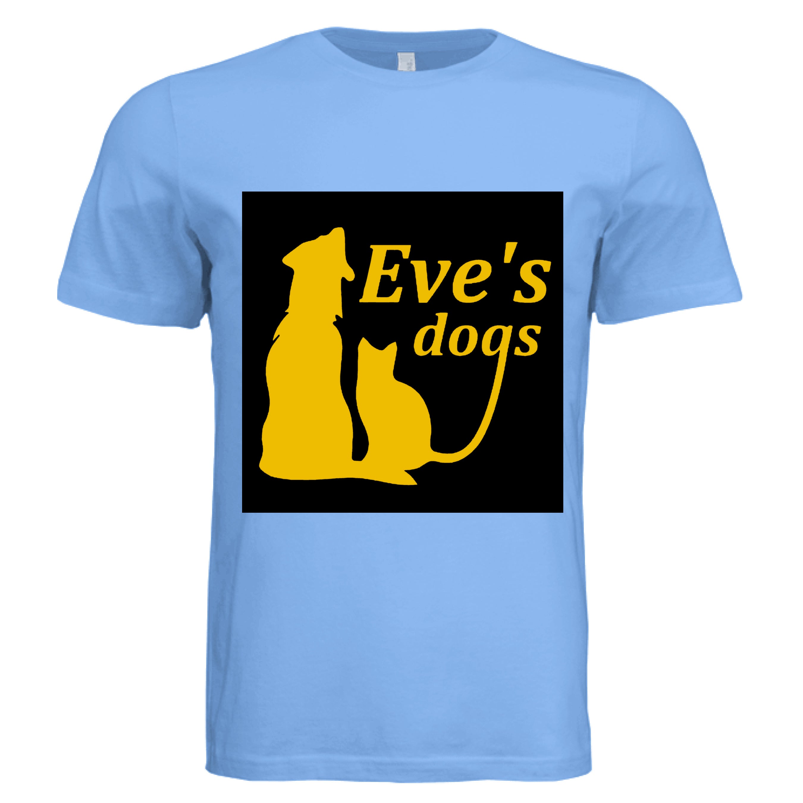 Close-up of the "Adopt Eves Dogs" graphic on the chest with vibrant print and soft cotton fabric showing relaxed fit and