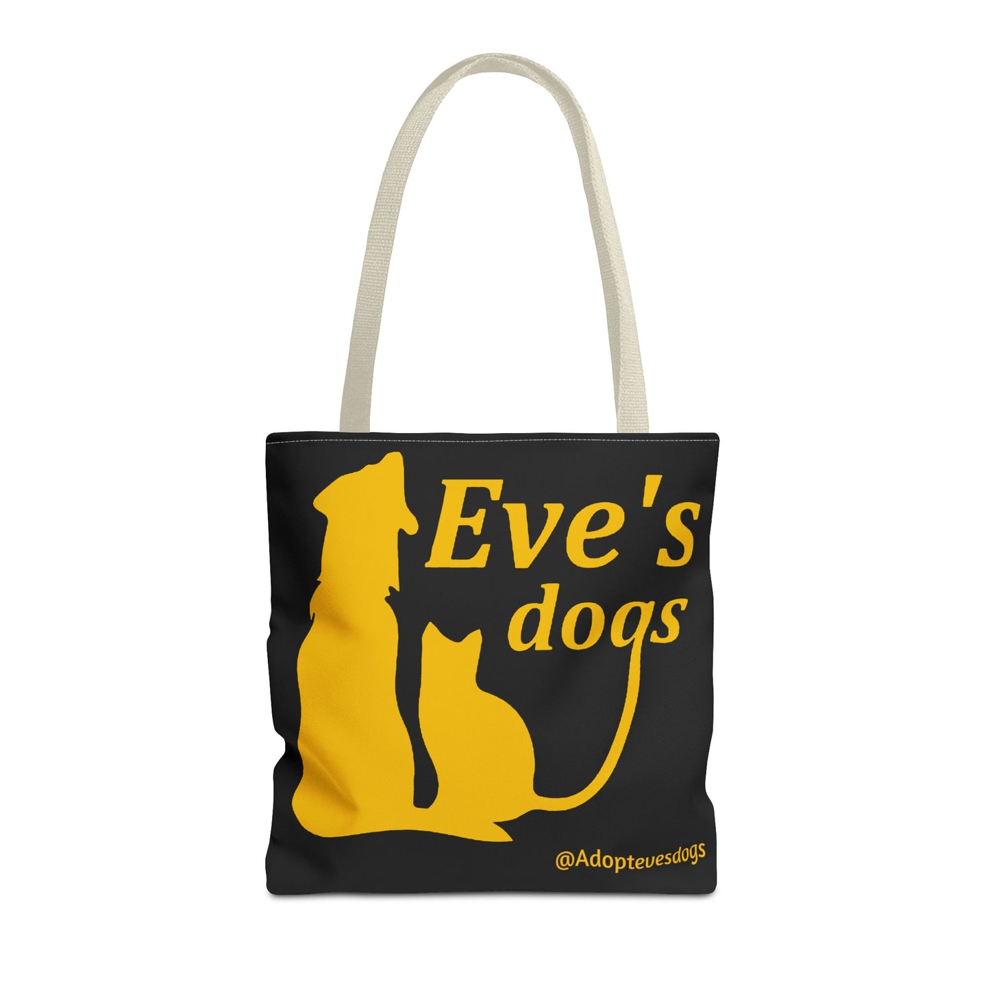 This is the Beige 16" x 16" Adopt Eve's Dog Tote Bag. This is the front image of the tote. The handles are beige. The top of the tote is hemmed in yellow. The tote is all over black with the image of a dog, cat, "Eve's Dogs" and "@Adoptevesdogs" in yellow. The tote is against an all white background.