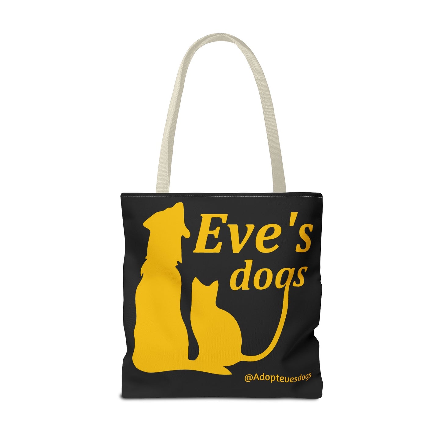 This is the Beige 18" x 18" Adopt Eve's Dog Tote Bag. This is the front image of the tote. The handles are beige. The top of the tote is hemmed in yellow. The tote is all over black with the image of a dog, cat, "Eve's Dogs" and "@Adoptevesdogs" in yellow. The tote is against an all white background.