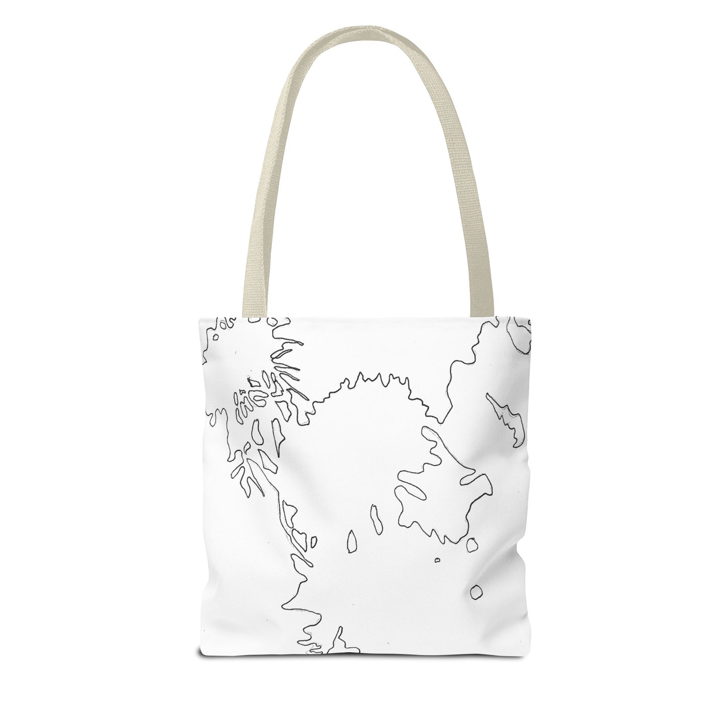 This is the Beige 13" x 13" Flowers Tote Bag by Storm Garden Studio. The tote has color matched straps, abstract line work which is outlines of flowers, all over print. The colors are white and black. The tote is against a white background.