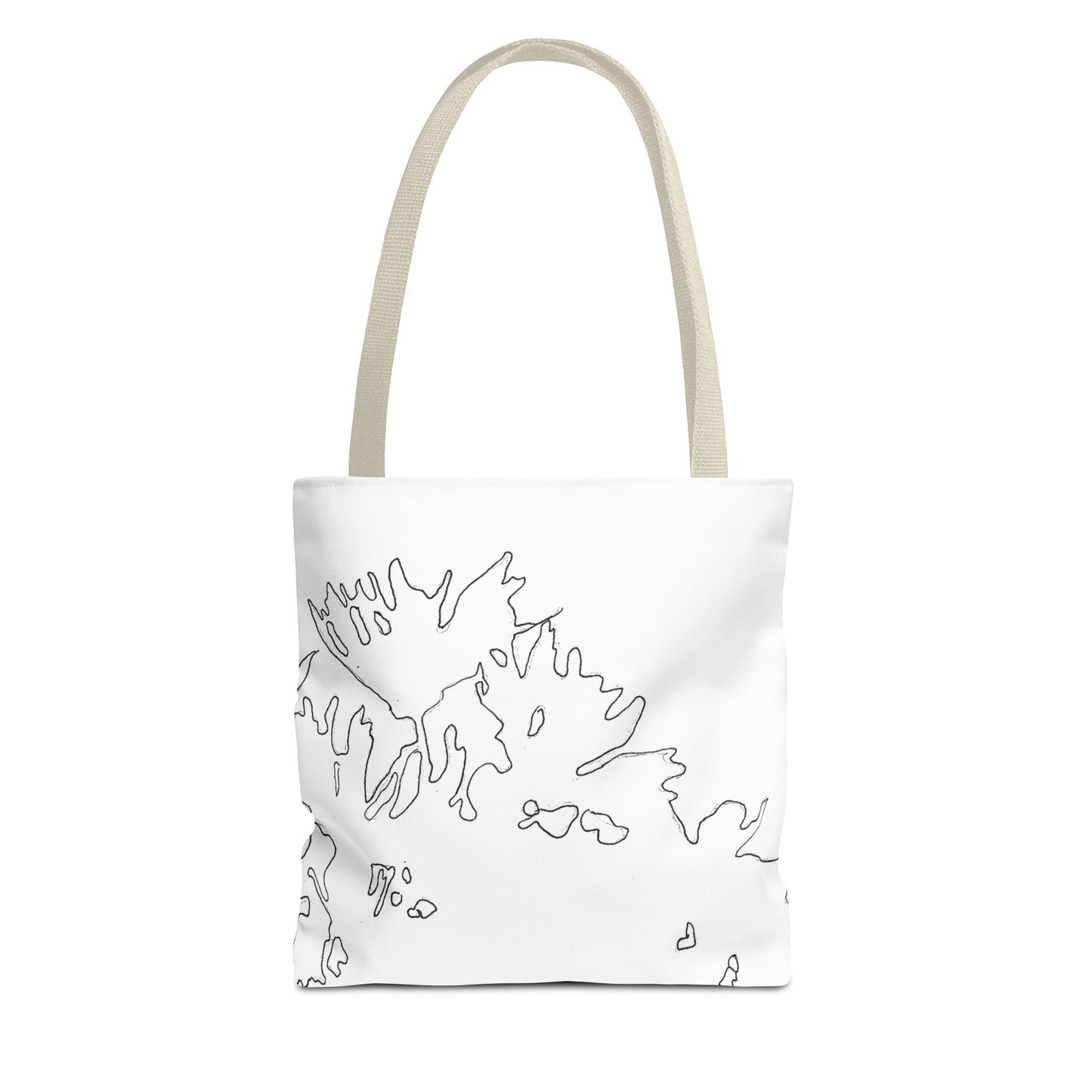 This is the Beige 13" x 13" Flowers Tote Bag by Storm Garden Studio. The tote has color matched straps, abstract line work which is outlines of flowers, all over print. The colors are white and black. The tote is against a white background.