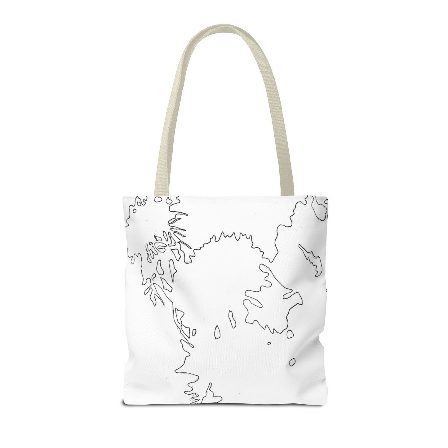 This is the Beige 16" x 16" Flowers Tote Bag by Storm Garden Studio. The tote has color matched straps, abstract line work which is outlines of flowers, all over print. The colors are white and black. The tote is against a white background.