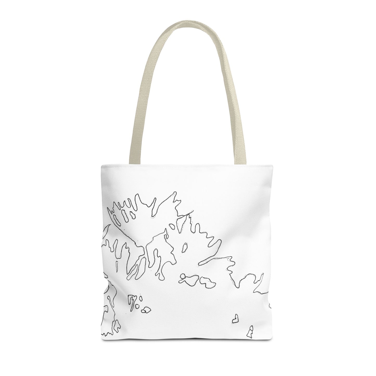 This is the Beige 16" x 16" Flowers Tote Bag by Storm Garden Studio. The tote has color matched straps, abstract line work which is outlines of flowers, all over print. The colors are white and black. The tote is against a white background.