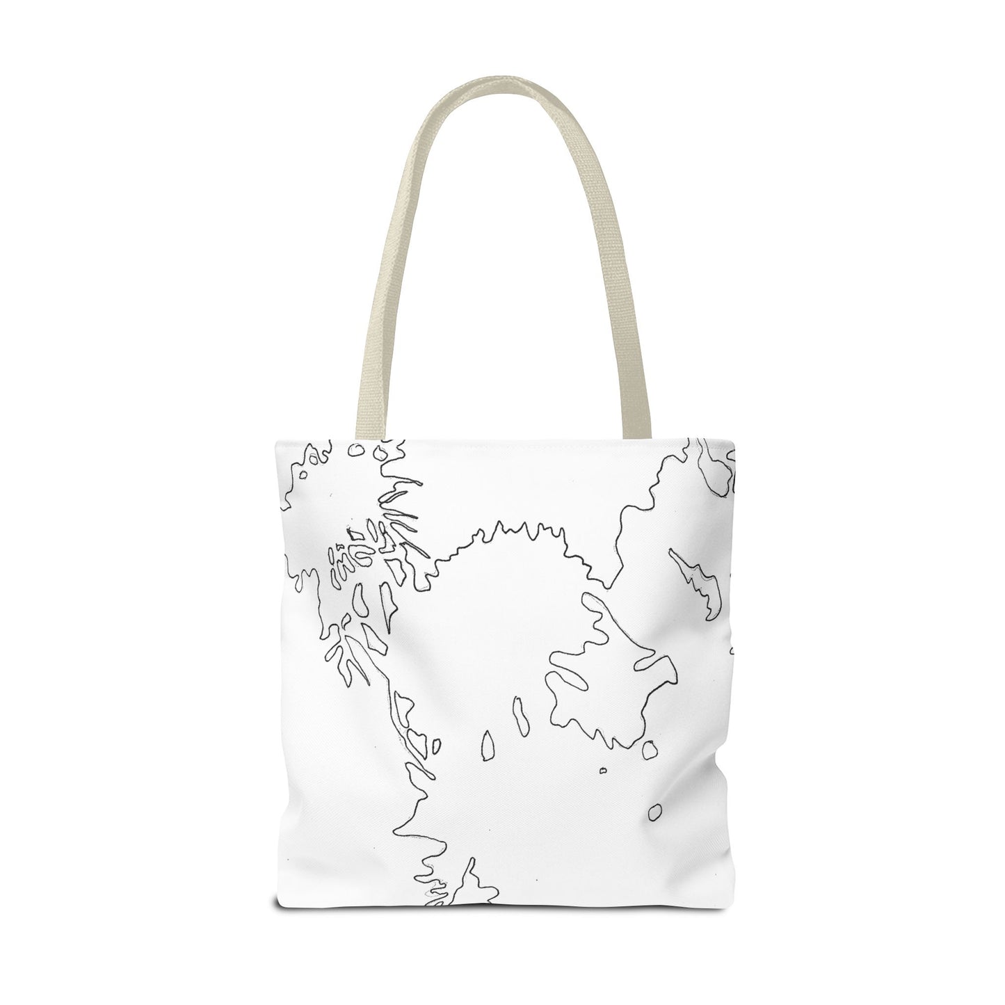 This is the Beige 18" x 18" Flowers Tote Bag by Storm Garden Studio. The tote has color matched straps, abstract line work which is outlines of flowers, all over print. The colors are white and black. The tote is against a white background.
