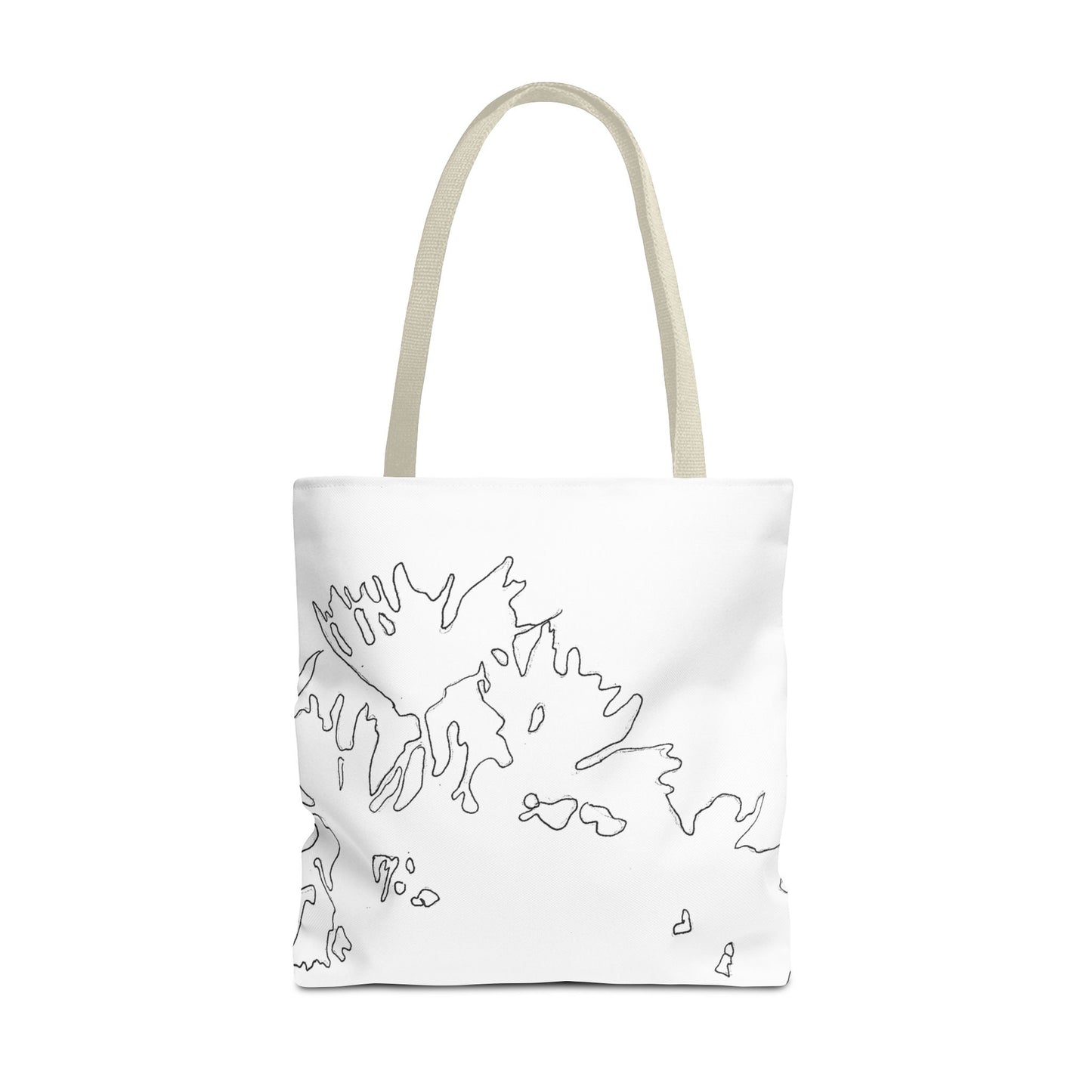 This is the Beige 18" x 18" Flowers Tote Bag by Storm Garden Studio. The tote has color matched straps, abstract line work which is outlines of flowers, all over print. The colors are white and black. The tote is against a white background.
