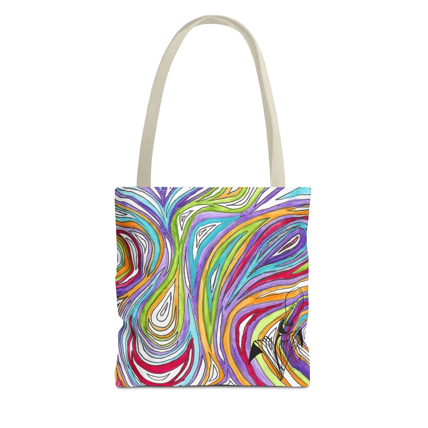 This is the Beige 13" x 13" Oil Spill Tote Bag by Storm Garden Studio. The tote has color matched straps, abstract colors and line work, all over print. The colors are lime green, orange, light blue, dark red, purple, white and black. Storm Garden Studio logo printed in black on bottom right of tote bag. The tote is against a white background.