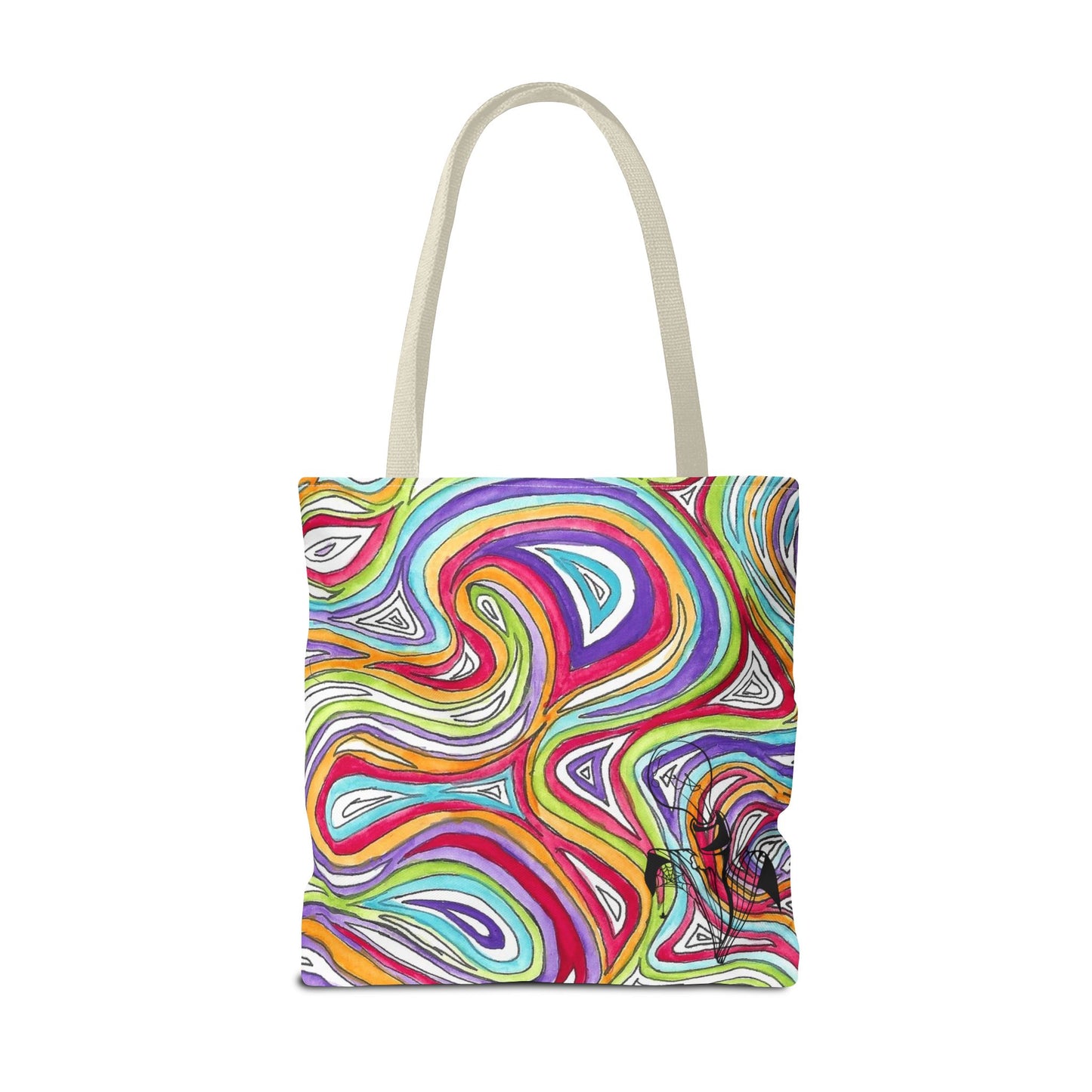 This is the Beige 18" x 18" Oil Spill Tote Bag by Storm Garden Studio. The tote has color matched straps, abstract colors and line work, all over print. The colors are lime green, orange, light blue, dark red, purple, white and black. Storm Garden Studio logo printed in black on bottom right of tote bag. The tote is against a white background.