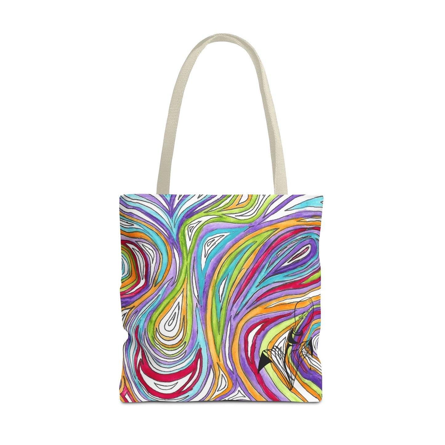This is the Beige 18" x 18" Oil Spill Tote Bag by Storm Garden Studio. The tote has color matched straps, abstract colors and line work, all over print. The colors are lime green, orange, light blue, dark red, purple, white and black. Storm Garden Studio logo printed in black on bottom right of tote bag. The tote is against a white background.