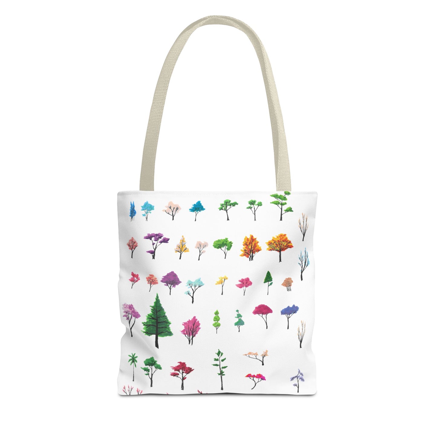 The Beige 13" x 13" Study of Trees Tote with color matched handles by Lee Hansheng Studios. There are a variety of tree illustrations from blooming fruit trees to deciduous and evergreens. The trees are colored pinks, purples, greens, yellows, blues and oranges on a white background tote. The tote is also against a white background.