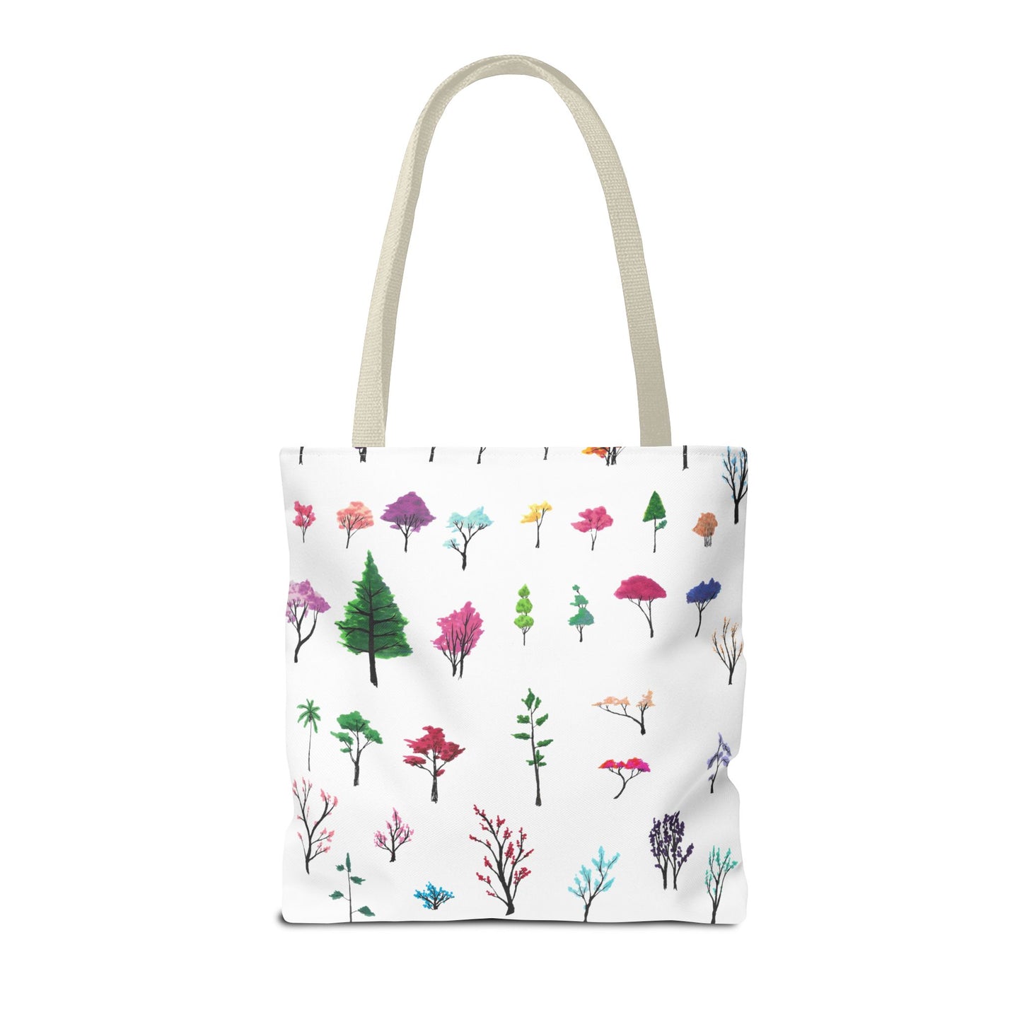 The Beige 16" x 16" Study of Trees Tote with color matched handles by Lee Hansheng Studios. There are a variety of tree illustrations from blooming fruit trees to deciduous and evergreens. The trees are colored pinks, purples, greens, yellows, blues and oranges on a white background tote.