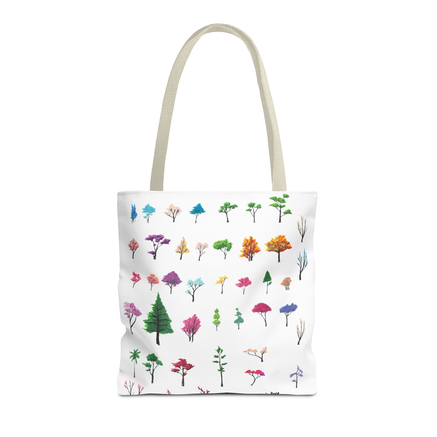 The Beige 16" x 16" Study of Trees Tote with color matched handles by Lee Hansheng Studios. There are a variety of tree illustrations from blooming fruit trees to deciduous and evergreens. The trees are colored pinks, purples, greens, yellows, blues and oranges on a white background tote. The tote is also against a white background.