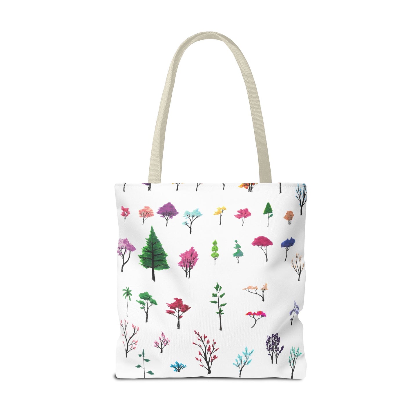 The Beige 18" x 18" Study of Trees Tote with color matched handles by Lee Hansheng Studios. There are a variety of tree illustrations from blooming fruit trees to deciduous and evergreens. The trees are colored pinks, purples, greens, yellows, blues and oranges on a white background tote.