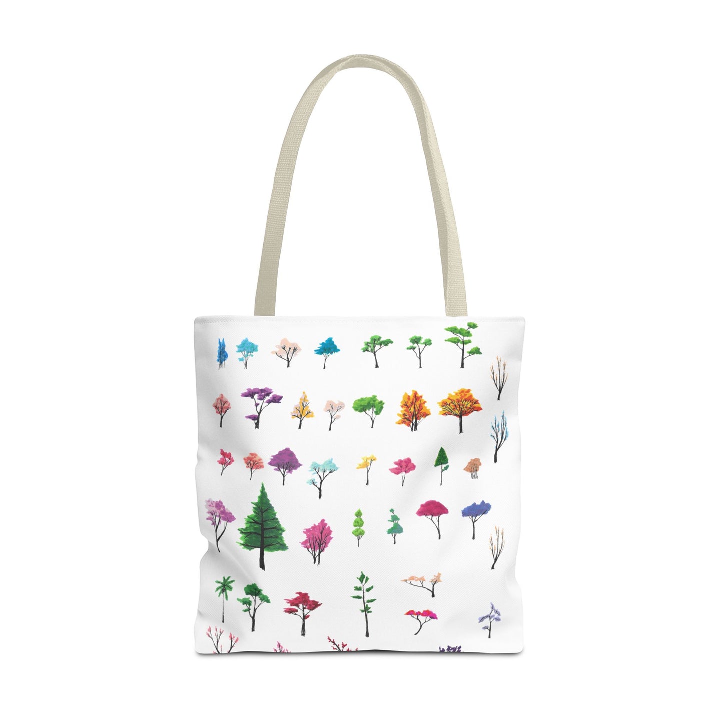 The Beige 18" x 18" Study of Trees Tote with color matched handles by Lee Hansheng Studios. There are a variety of tree illustrations from blooming fruit trees to deciduous and evergreens. The trees are colored pinks, purples, greens, yellows, blues and oranges on a white background tote. The tote is also against a white background.
