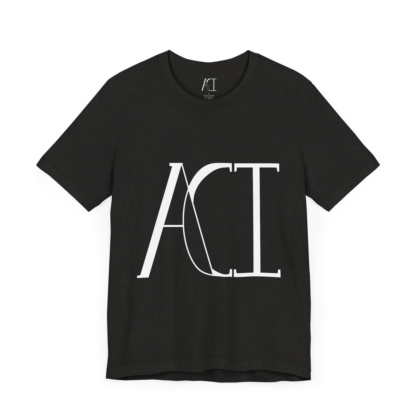This is a black heather crewneck ACI t-shirt. The front showcases a large ACI logo in the middle of the shirt. The print is white and is printed with the size label in white on the inside of the shirt. The tab also has the ACI logo.