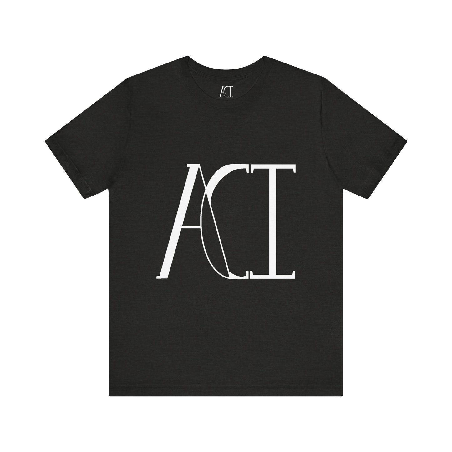 This is a black heather crewneck ACI t-shirt. The front showcases a large ACI logo in the middle of the shirt. The print is white and is printed with the size label in white on the inside of the shirt. The tab also has the ACI logo. This is the flat front picture of the shirt.