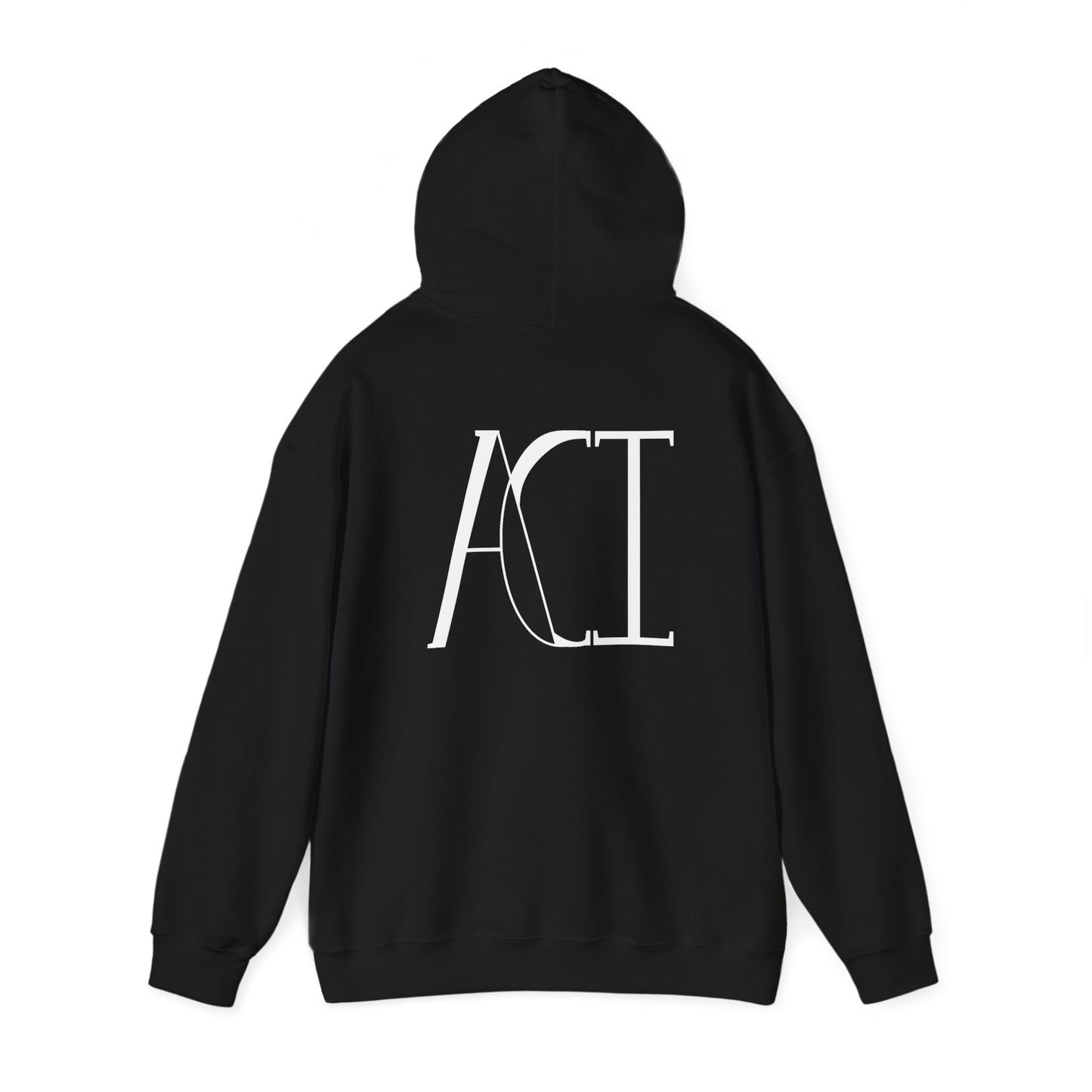 This is a black ACI hoodie showcasing the back of it. The hood is lifted up and the ACI logo is between the shoulder blades. The logo printed is white. The sleeves and end of the hoodie have stitching by the wrist and waist areas. The rest of the hoodie is the color black.