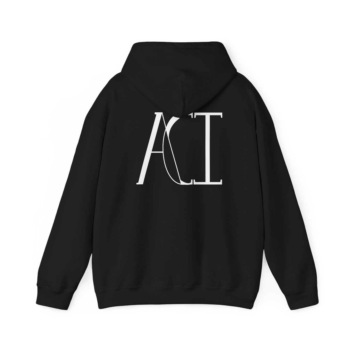 This is a black ACI hoodie showcasing the back of it. The hood is not lifted up and the ACI logo is right below the hood. The logo is printed in white. The sleeves and end of the hoodie have stitching by the wrist and waist areas. The rest of the hoodie is the color black.