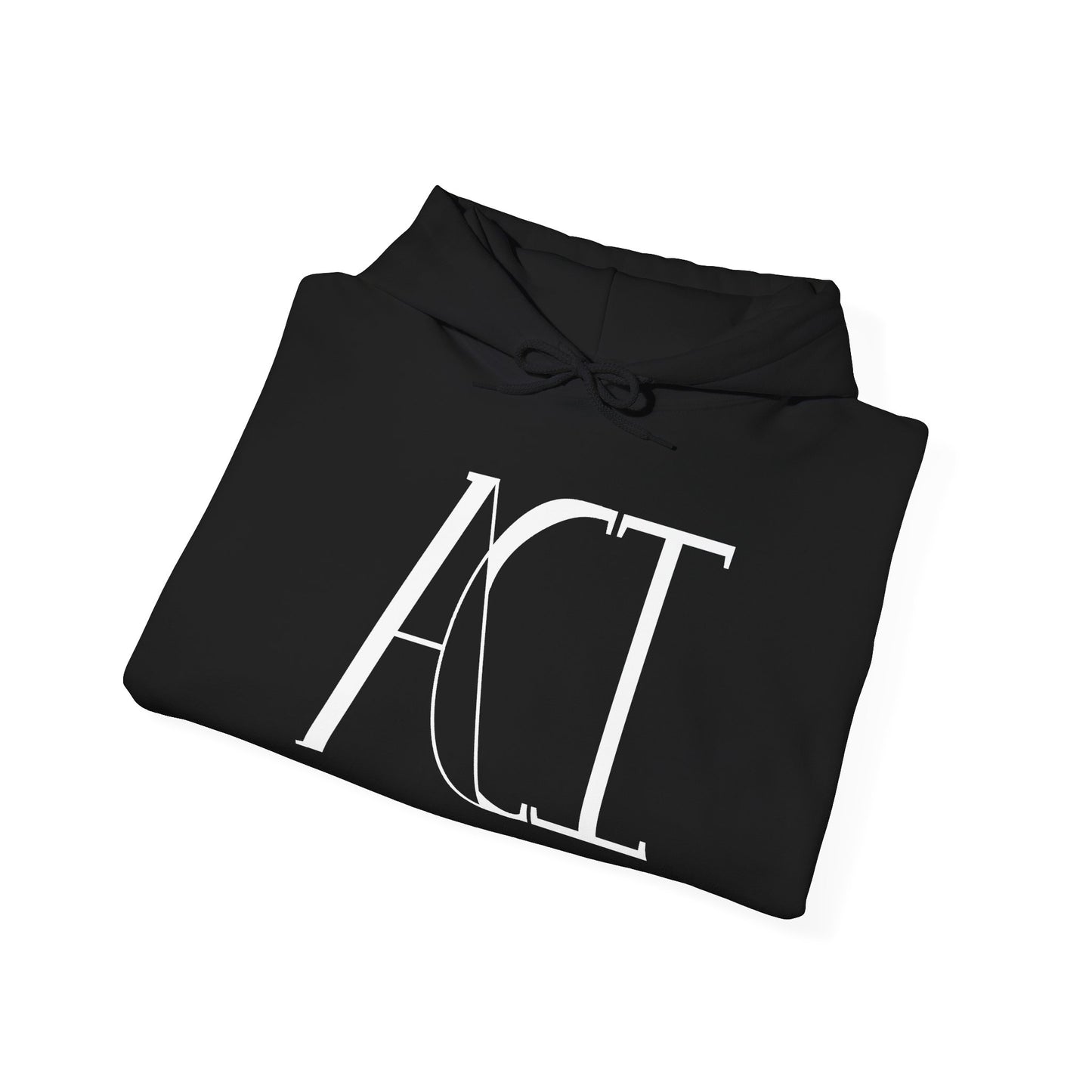 This is a black ACI hoodie that has been folded. It shows the ACI logo printed in white on the front of the hoodie. The drawcord matches the color of the hoodie.