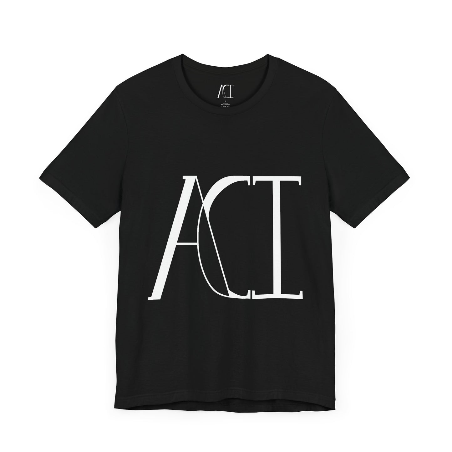 This is a black crewneck ACI t-shirt. The front showcases a large ACI logo in the middle of the shirt. The print is white and is printed with the size label in white on the inside of the shirt. The tab also has the ACI logo.