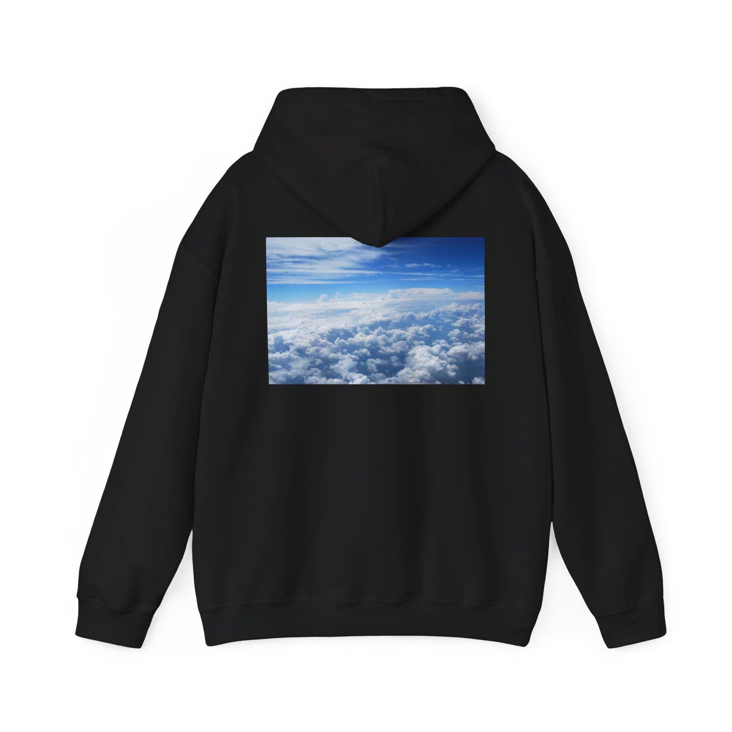 This is the Black Above the Clouds Hoodie by Lee Hansheng Studios. It comes in sizes S-5XL. This is the image of the back with the hood up. The illustration is between the upper back and ends before lower back. The illustration shows an overview of the clouds from the sky. Through the foreground are white, light blue, dark blue fluffy clouds that straighten out in the background. There are clear blue skies in the background. There is hemming on the wrists and end of the hoodie.