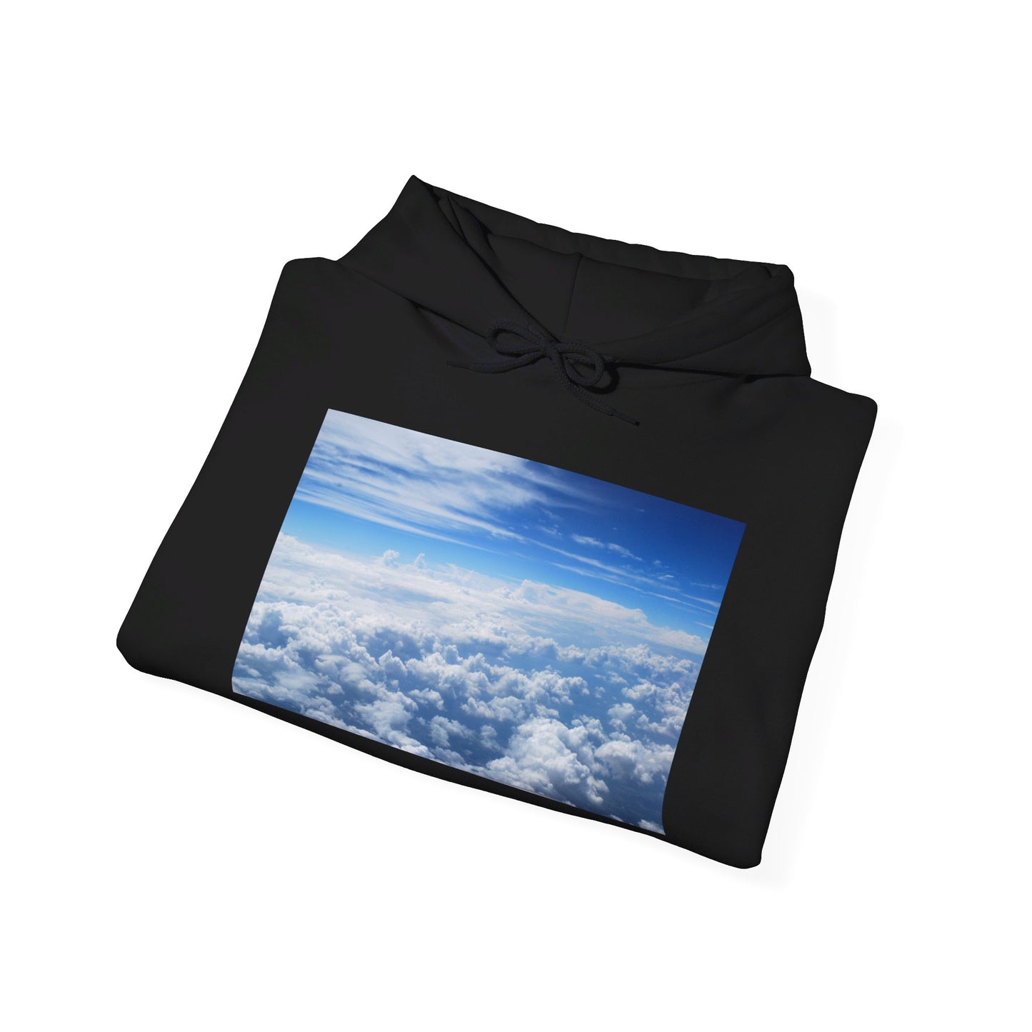 This is the Black Above the Clouds Hoodie by Lee Hansheng Studios. It comes in sizes S-5XL. The drawstring is tied and color matched. The illustration shows an overview of the clouds from the sky. Through the foreground are white, light blue, dark blue fluffy clouds that straighten out in the background. There are clear blue skies in the background. The hoodie is against a white background.