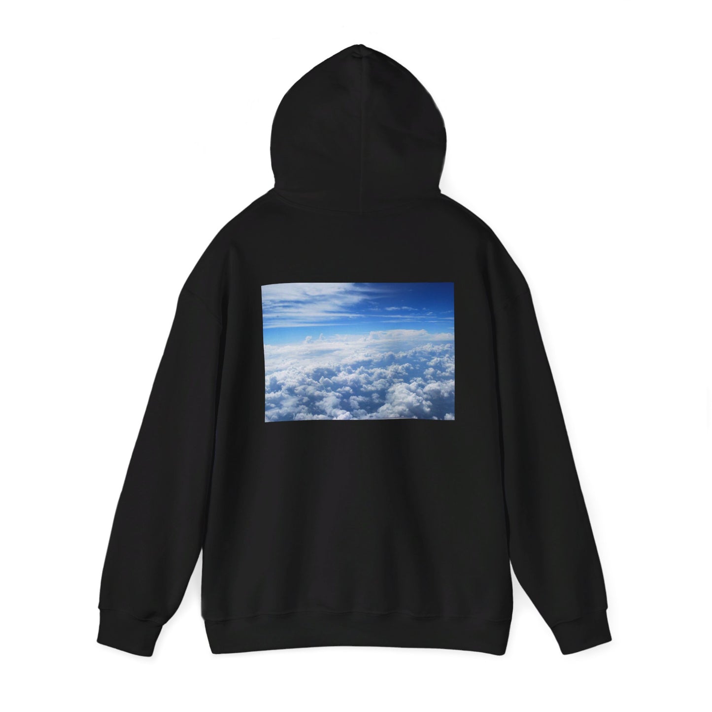 This is the Black Above the Clouds Hoodie by Lee Hansheng Studios. It comes in sizes S-5XL. This is the image of the back with the hood up. The illustration is between the upper back and ends before lower back. The illustration shows an overview of the clouds from the sky. Through the foreground are white, light blue, dark blue fluffy clouds that straighten out in the background. There are clear blue skies in the background. There is hemming on the wrists and end of the hoodie.