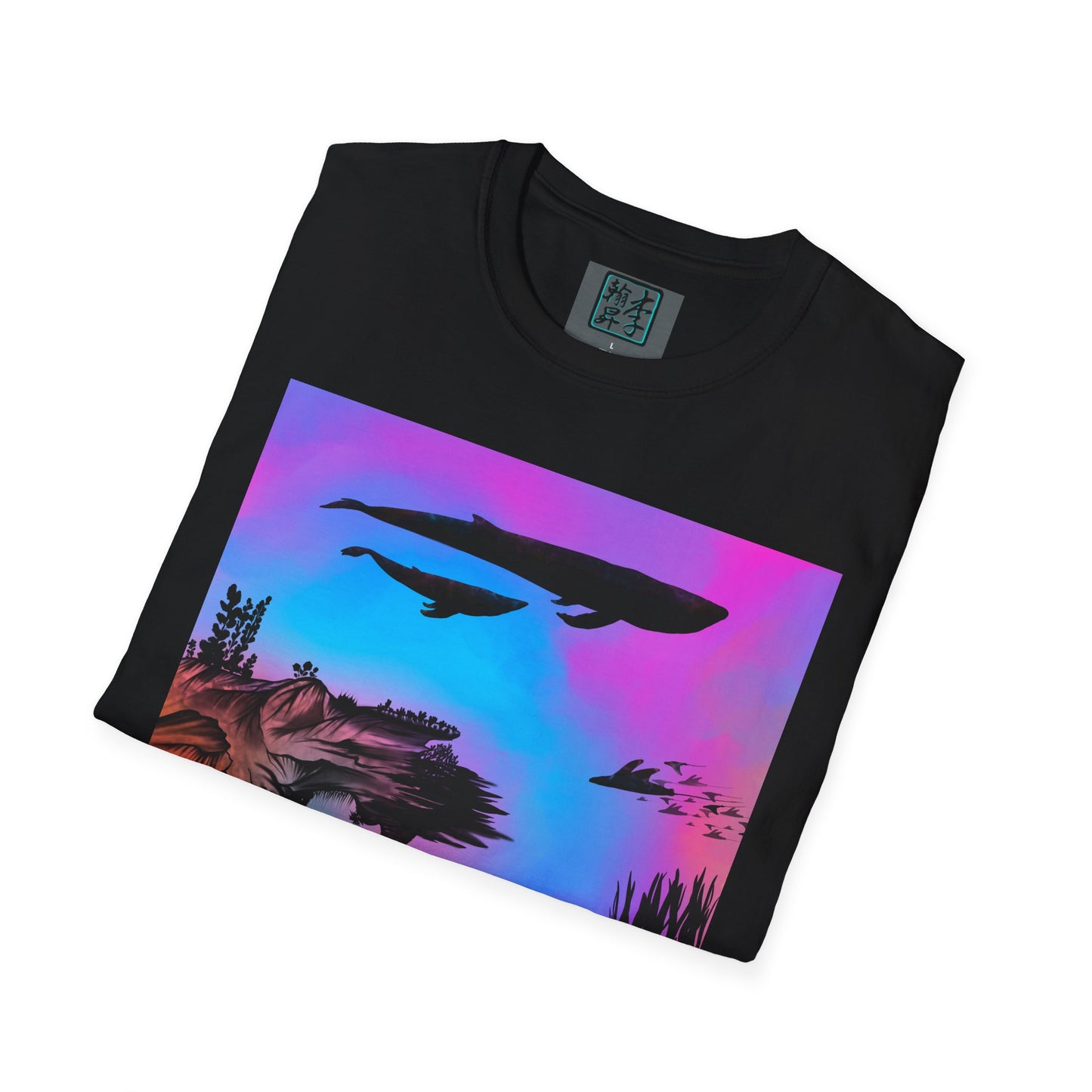 This is the Black Into the Abyss Softstyle T-Shirt by Lee Hansheng Studios. This shows the front of the shirt folded. The illustration is underwater seascape with aquatic plants on a marbled background. What can be seen is the two blue whales and a school of fish. The inside of the shirt has a gray label with the studio logo and the size label underneath printed in white. The shirt is against a white background.