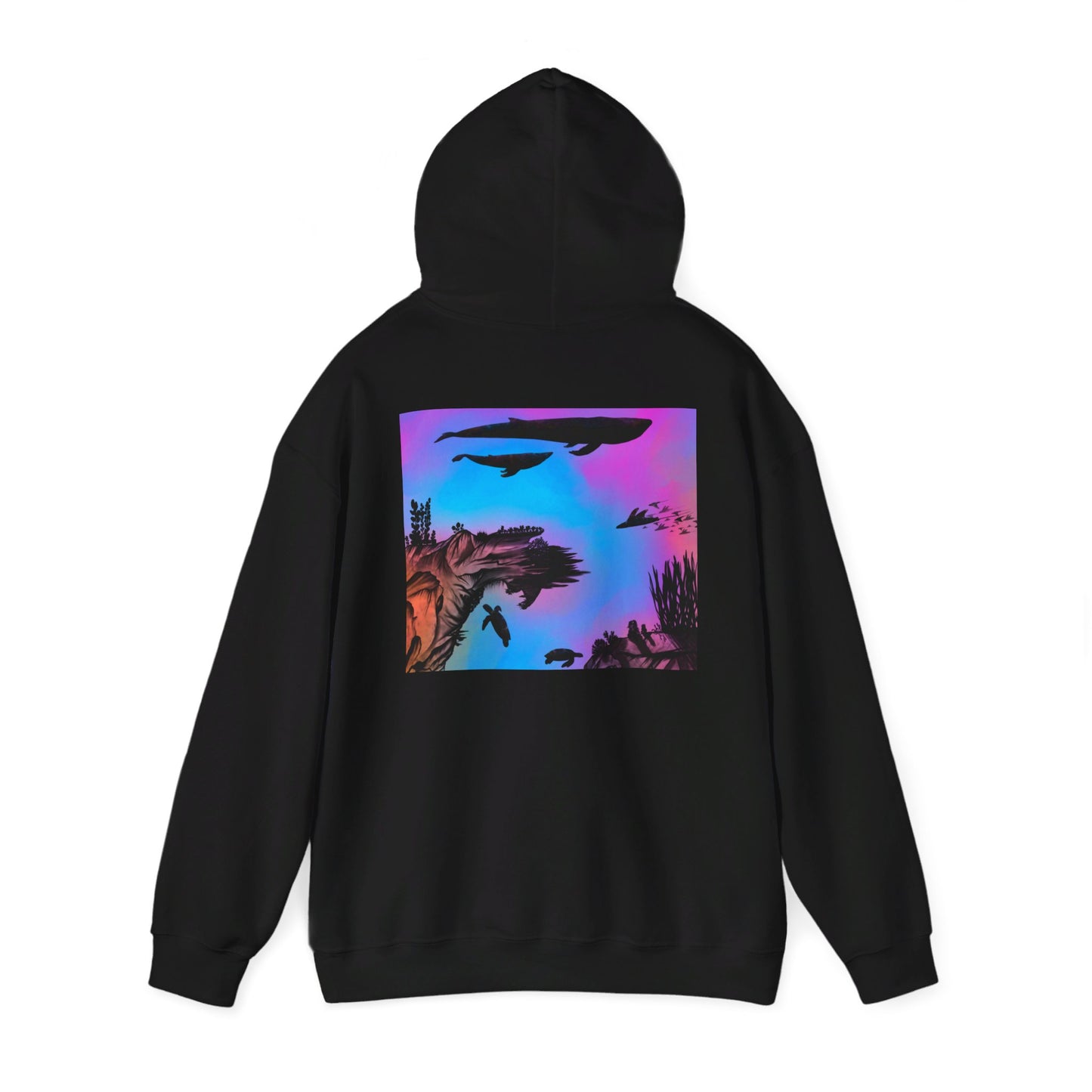 This is the Black Into the Abyss Heavy Blend Hooded Sweatshirt by Lee Hansheng Studios. It comes in sizes S-5XL. The image shows the sweatshirt from the back with the hood up. The illustration is a square shape of an underwater seascape with aquatic plants on a marbled background. The square fits the whole upper back. There are two blue whales, 1 goblin shark, school of eagle rays, two sea turtles and a school of fish. The image is against a white background.