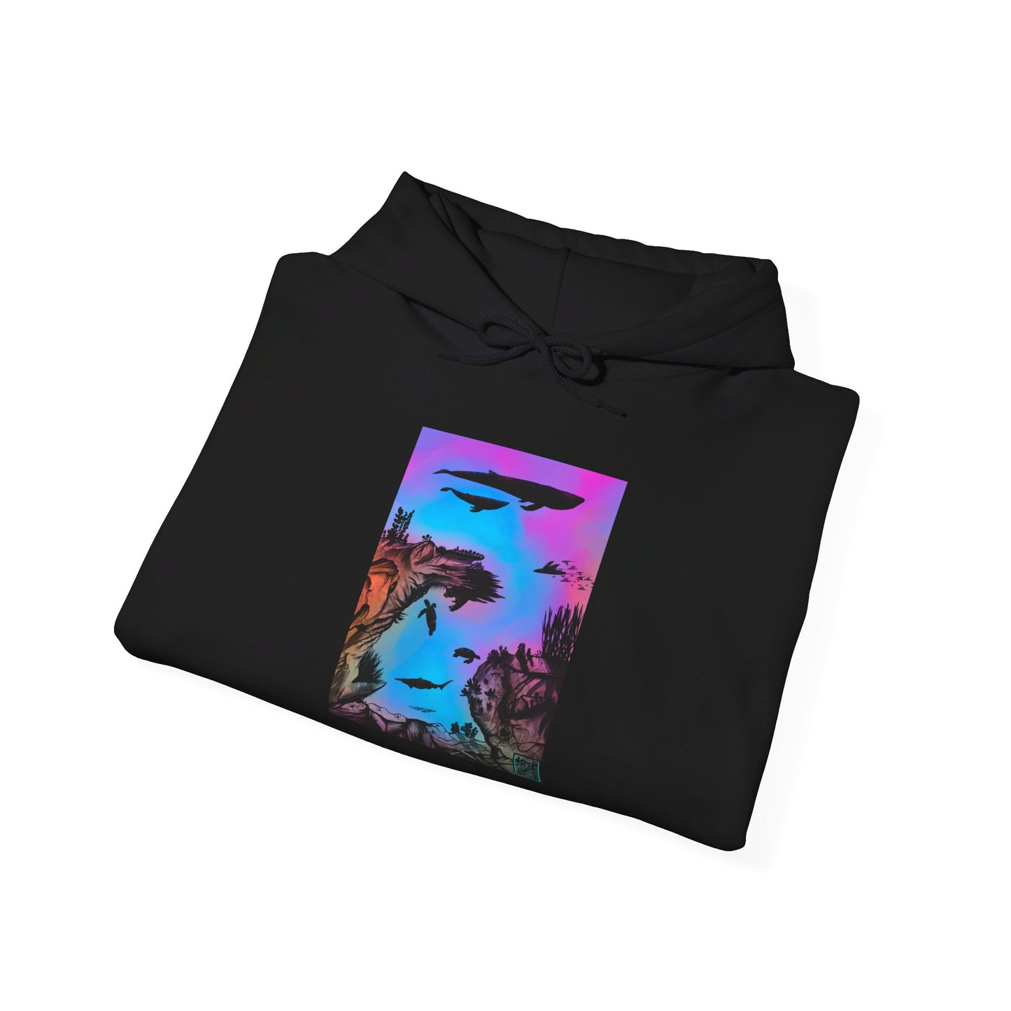 This is the Black Into the Abyss Heavy Blend Hooded Sweatshirt by Lee Hansheng Studios. It comes in sizes S-5XL. The image shows the sweatshirt folded, the drawstring is tied in a bow and color matched. The illustration is a rectangular shape of an underwater seascape with aquatic plants on a marbled background. There are two blue whales, 1 goblin shark, school of eagle rays, two sea turtles and a school of fish. The image is against a white background.