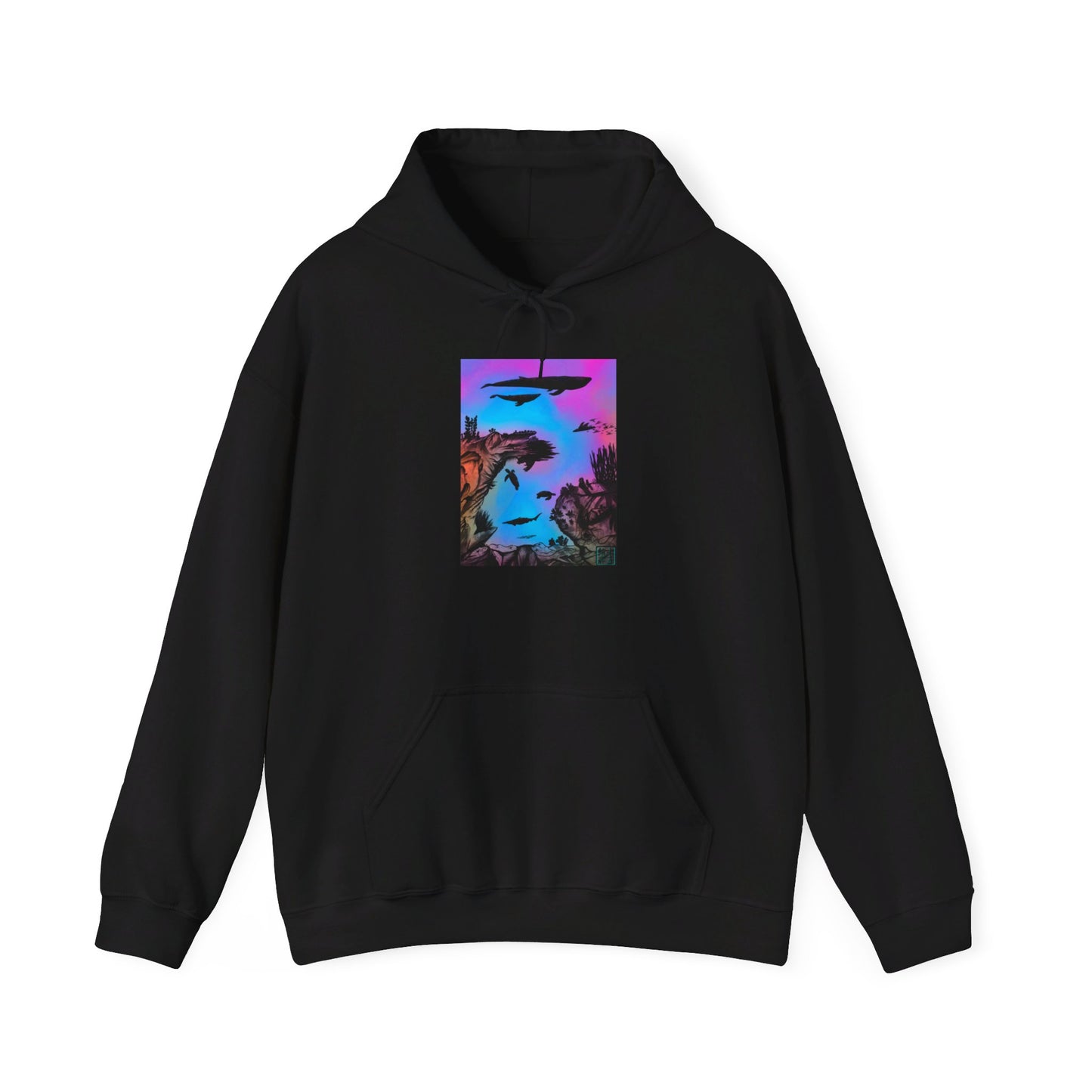 This is the Black Into the Abyss Heavy Blend Hooded Sweatshirt by Lee Hansheng Studios. It comes in sizes S-5XL. The image shows the sweatshirt from the front. The illustration is a rectangular shape of an underwater seascape with aquatic plants on a marbled background. There are two blue whales, 1 goblin shark, school of eagle rays, two sea turtles and a school of fish. There is a kangaroo pocket. There is hemming on the wrists and end of it. The image is against a white background.