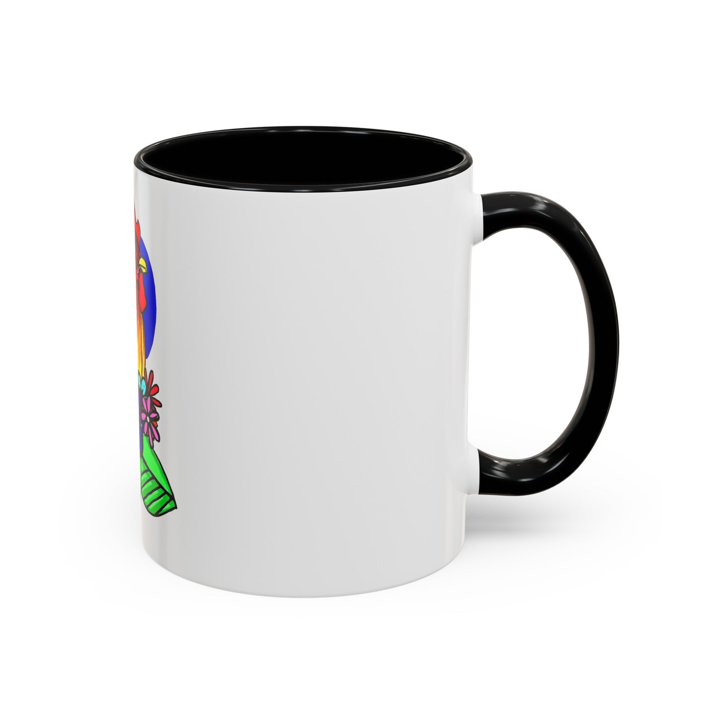 This it the Black 11 oz Cock Accent Coffee Mug by Storm Garden Studio. This image showcases the back of the mug with the handle to the right. The handles are color matched. A bit of the illustration can be seen from the right with a bright green, orange and blue. It is against a white background.