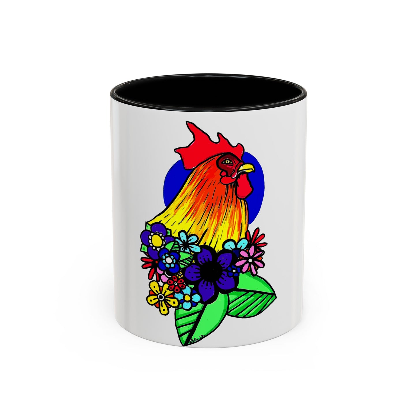 This it the Black 11 oz Cock Accent Coffee Mug by Storm Garden Studio. This image showcases the front of the mug. The illustration is of a rooster with a dark blue circular background. The rooster is adorned with flowers on the bottom of its neck. It is bright green, dark blue, yellow, orange and pink. The rooster is bright red and fades into yellow. The mug is against a white background.
