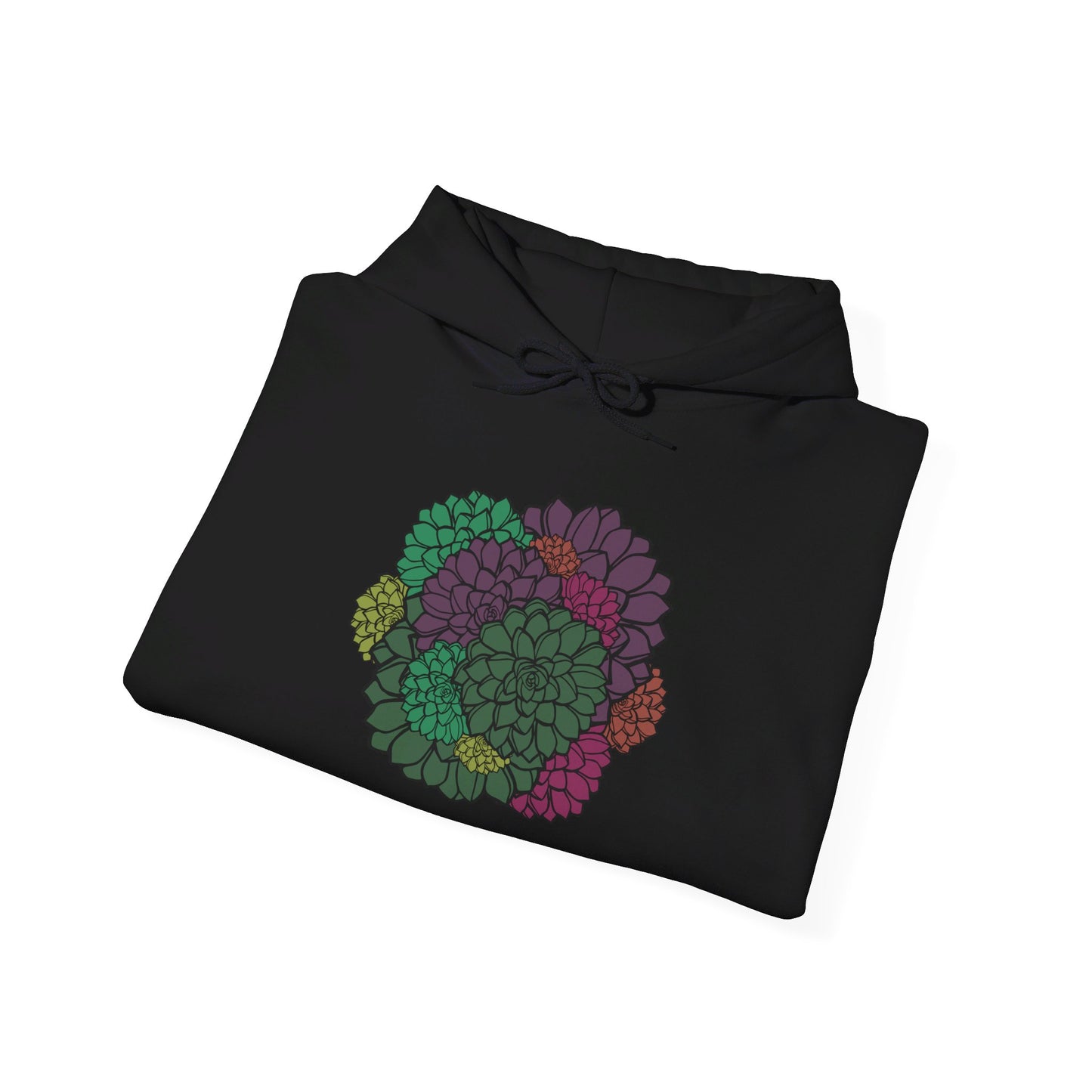 This is the Black Echeveria In Bloom Hoodie by Chris Foster Design. It comes in sizes S-5XL and this shows the front folded. The drawstring is tied in a bow and color matched. The illustration can be seen and is one whole flower bloomed in multiple colors. The colors are green, dark green, yellow, orange, red and purple. The hoodie is against a white background.