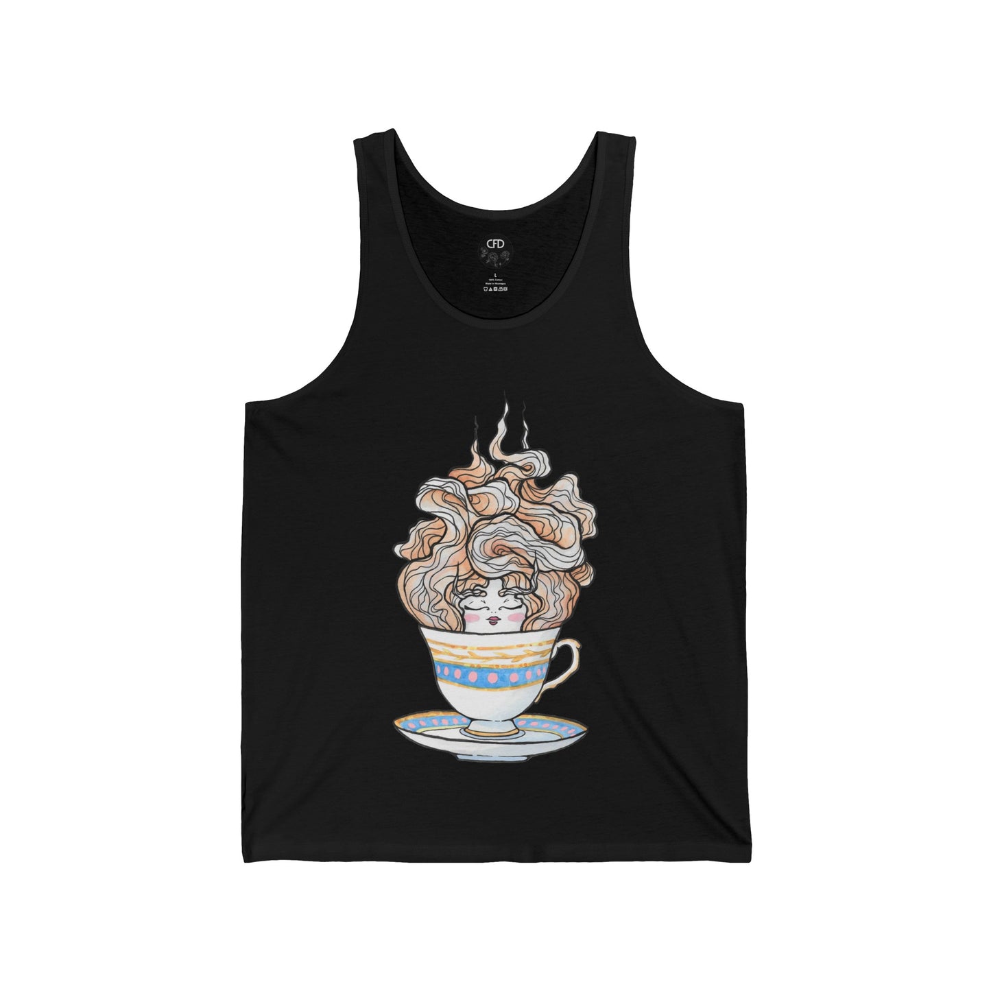 This is the Black English Breakfast Tea Tank by Chris Foster Design. It comes in sizes XS-2XL. This is an image of the front with a circular CFD logo in white lettering and black background. The size label is below the logo in white. A teacup that is light blue, yellow and white with light pink, white and red steam that is going upwards. There is a lady's face in the middle and beginning of the teacup with her eyes closed, red lips, blushing pink cheeks. and eyebrows that go upward.