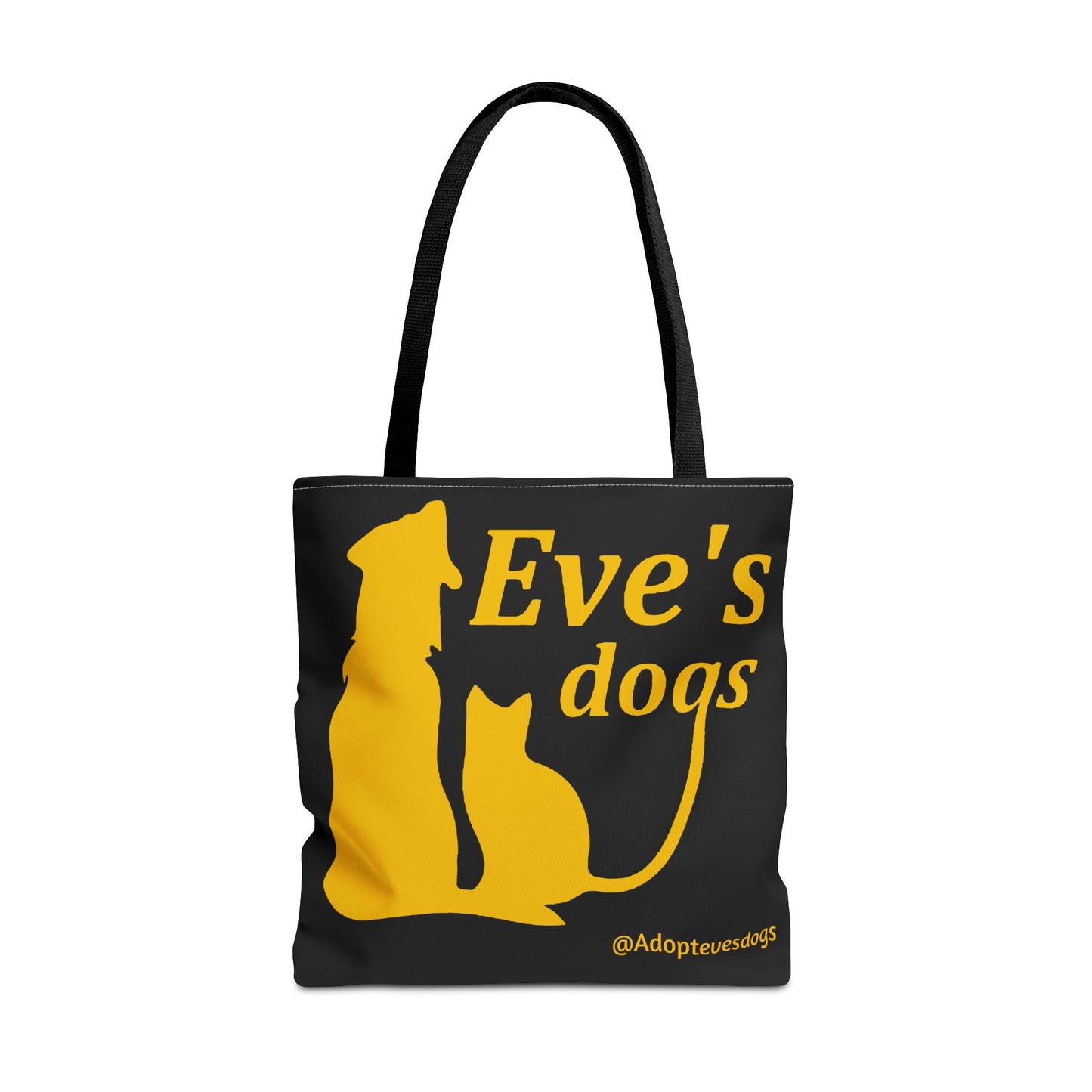 This is the Black 13" x 13" Adopt Eve's Dog Tote Bag. This is the front image of the tote. The handles are black. The top of the tote is hemmed in yellow. The tote is all over black with the image of a dog, cat, "Eve's Dogs" and "@Adoptevesdogs" in yellow. The tote is against an all white background.