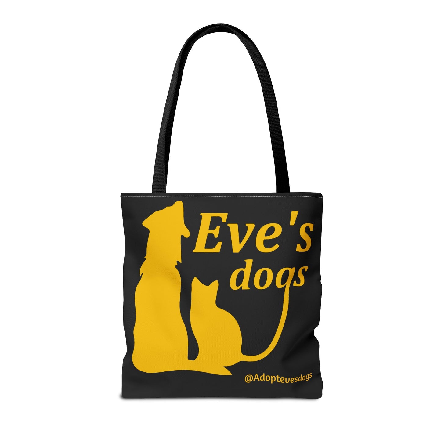 This is the Black 18" x 18" Adopt Eve's Dog Tote Bag. This is the front image of the tote. The handles are black. The top of the tote is hemmed in yellow. The tote is all over black with the image of a dog, cat, "Eve's Dogs" and "@Adoptevesdogs" in yellow. The tote is against an all white background.