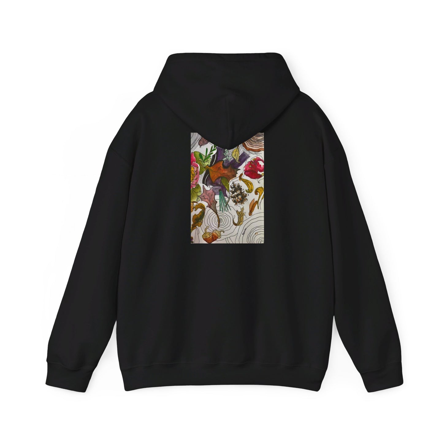 This is the Black Fall is falling Heavy Blend Hooded Sweatshirt by Storm Garden Studio. It comes in sizes S-5XL. The image is from the back with the hood down. The drawstring is color matched. The illustration is within a rectangle starting from the upper back to mid back. There are various conifers like leaves,pine cones,etc. There are also some flowers and a tree trunk ring.The colors are red, yellow, dark brown, purples, and green. It is against from a white background.