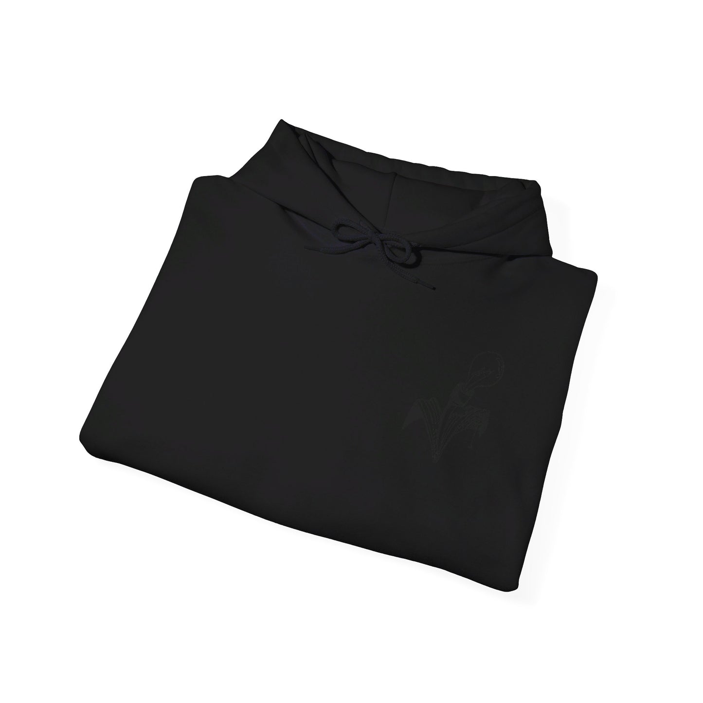 This is the Black Fall is falling Heavy Blend Hooded Sweatshirt by Storm Garden Studio. It comes in sizes S-5XL. The image is the sweatshirt folded from the front. The drawstring is color matched and has Storm Garden Studio logo printed in black on the left breast area. It is against a white background.