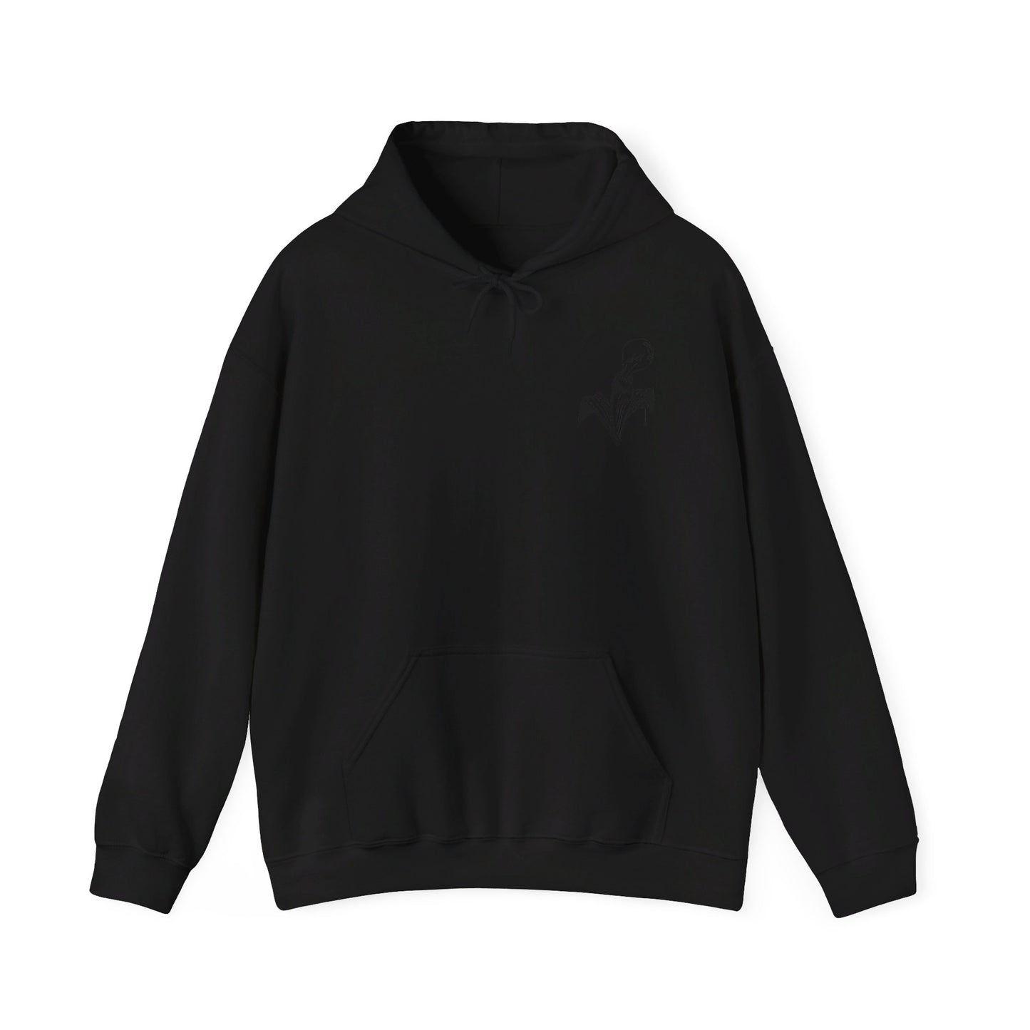 This is the Black Fall is falling Heavy Blend Hooded Sweatshirt by Storm Garden Studio. It comes in sizes S-5XL. The image is the sweatshirt from the front. The drawstring is color matched and has Storm Garden Studio logo printed in black on the left breast area. There is a large kangaroo pocket and is hemmed on sleeves/end of sweater. It is against a white background.