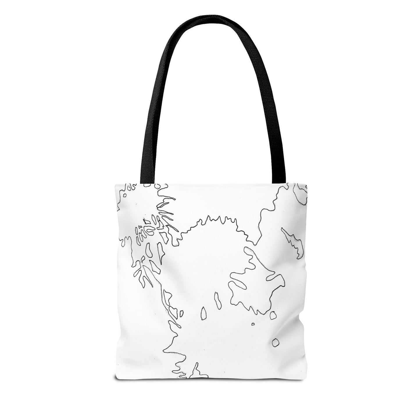 This is the Black 13" x 13" Flowers Tote Bag by Storm Garden Studio. The tote has color matched straps, abstract line work which is outlines of flowers, all over print. The colors are white and black. The tote is against a white background.