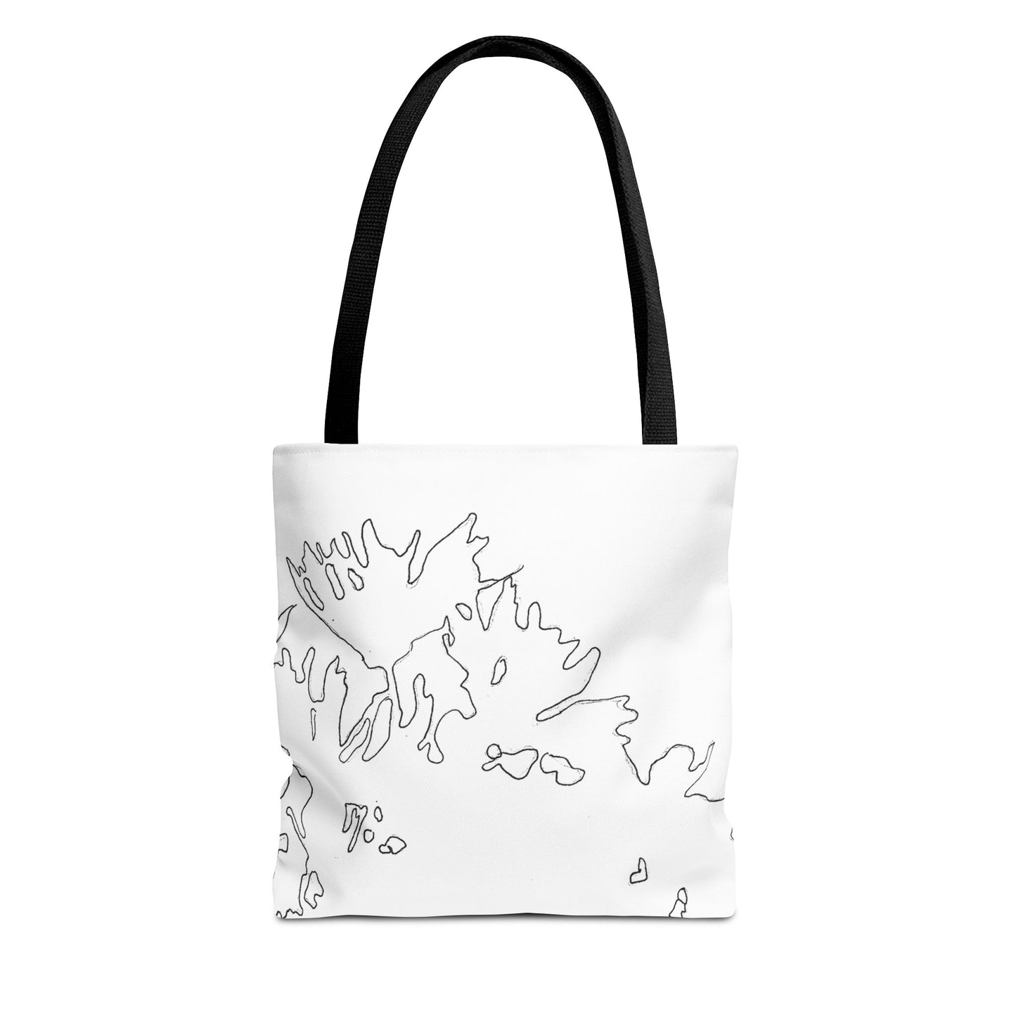 This is the Black 13" x 13" Flowers Tote Bag by Storm Garden Studio. The tote has color matched straps, abstract line work which is outlines of flowers, all over print. The colors are white and black. The tote is against a white background.