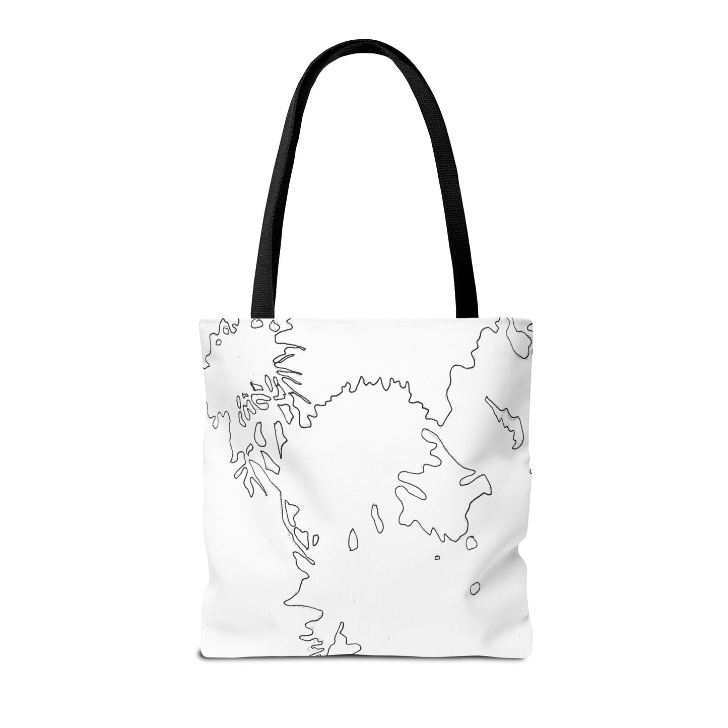 This is the Black 16" x 16" Flowers Tote Bag by Storm Garden Studio. The tote has color matched straps, abstract line work which is outlines of flowers, all over print. The colors are white and black. The tote is against a white background.